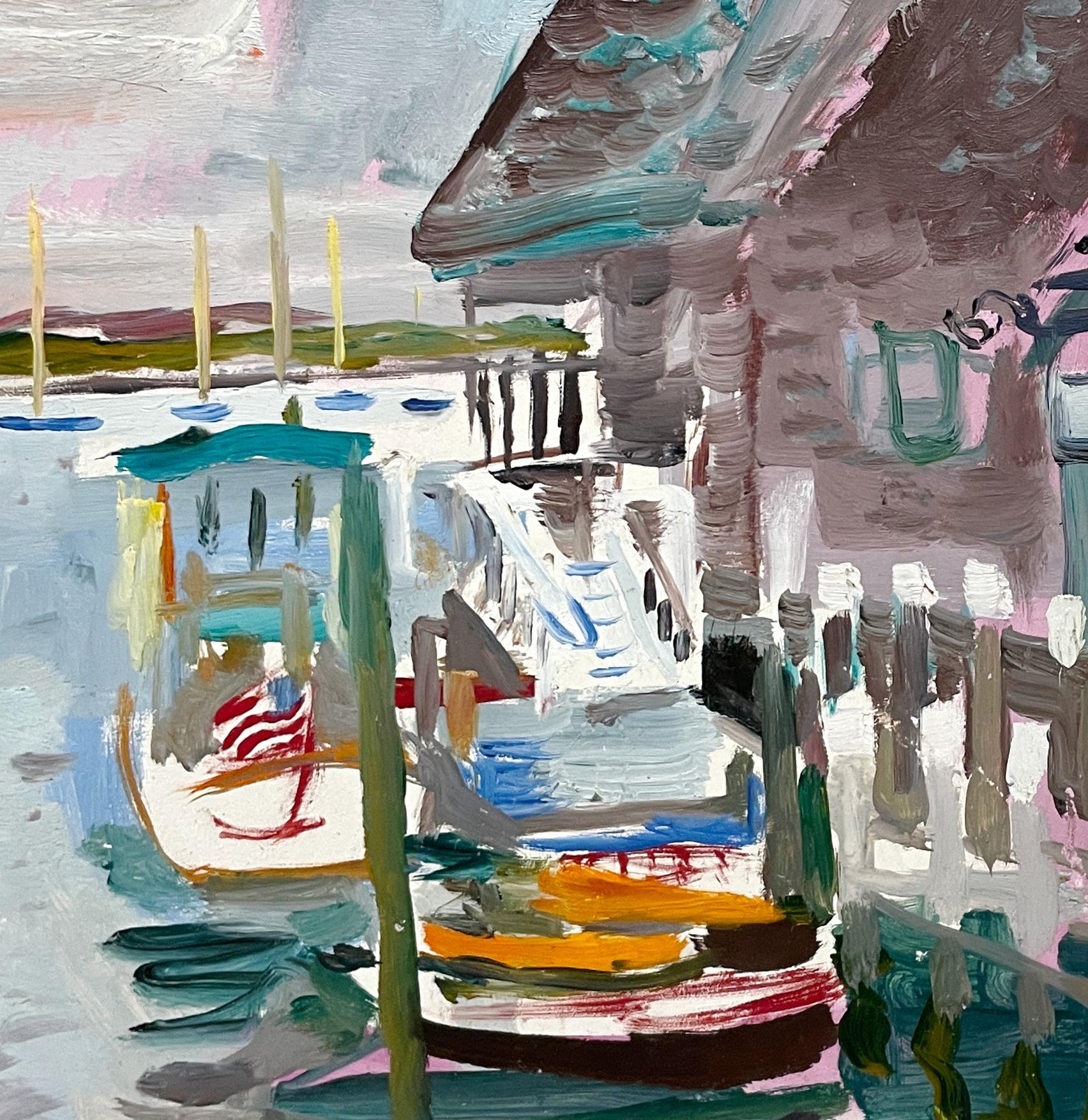 Eine reizvolle, moderne Hafenszene von Martha's Vineyard aus der Mitte der 1950er Jahre des bekannten Chicagoer Künstlers Francis Chapin (Am. 1899-1965).  Es wurde in der Nähe des Studios und des Sommerhauses des Künstlers in der historischen