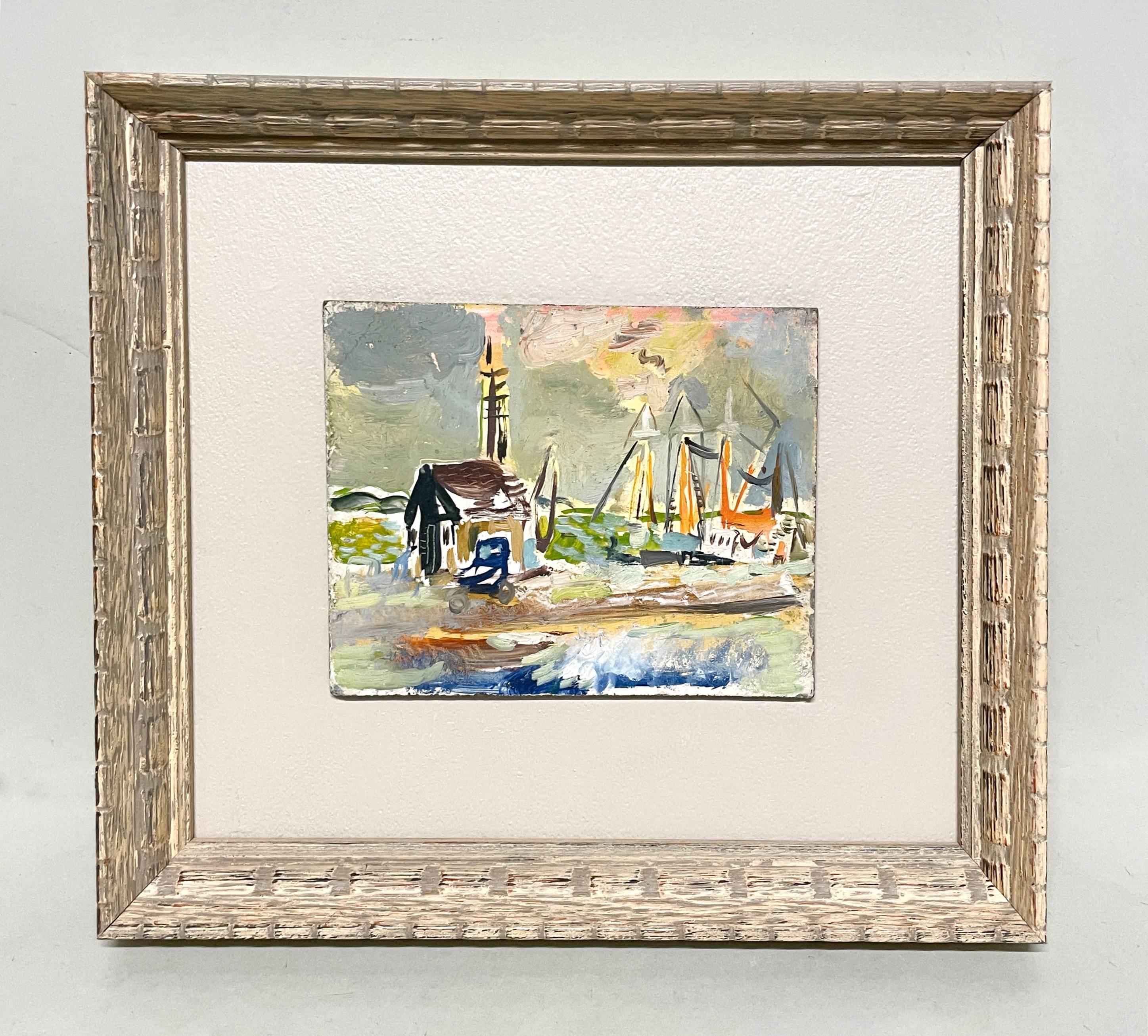 Scène de port de Martha, vibrante et colorée, de style moderne du milieu du siècle dernier, datant des années 1950 - Painting de Francis Chapin