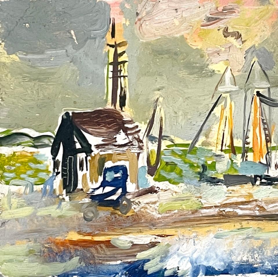 Scène de port de Martha, vibrante et colorée, de style moderne du milieu du siècle dernier, datant des années 1950 - Marron Landscape Painting par Francis Chapin