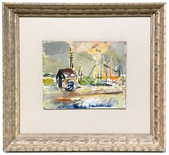 Scène de port de Martha, vibrante et colorée, de style moderne du milieu du siècle dernier, datant des années 1950
