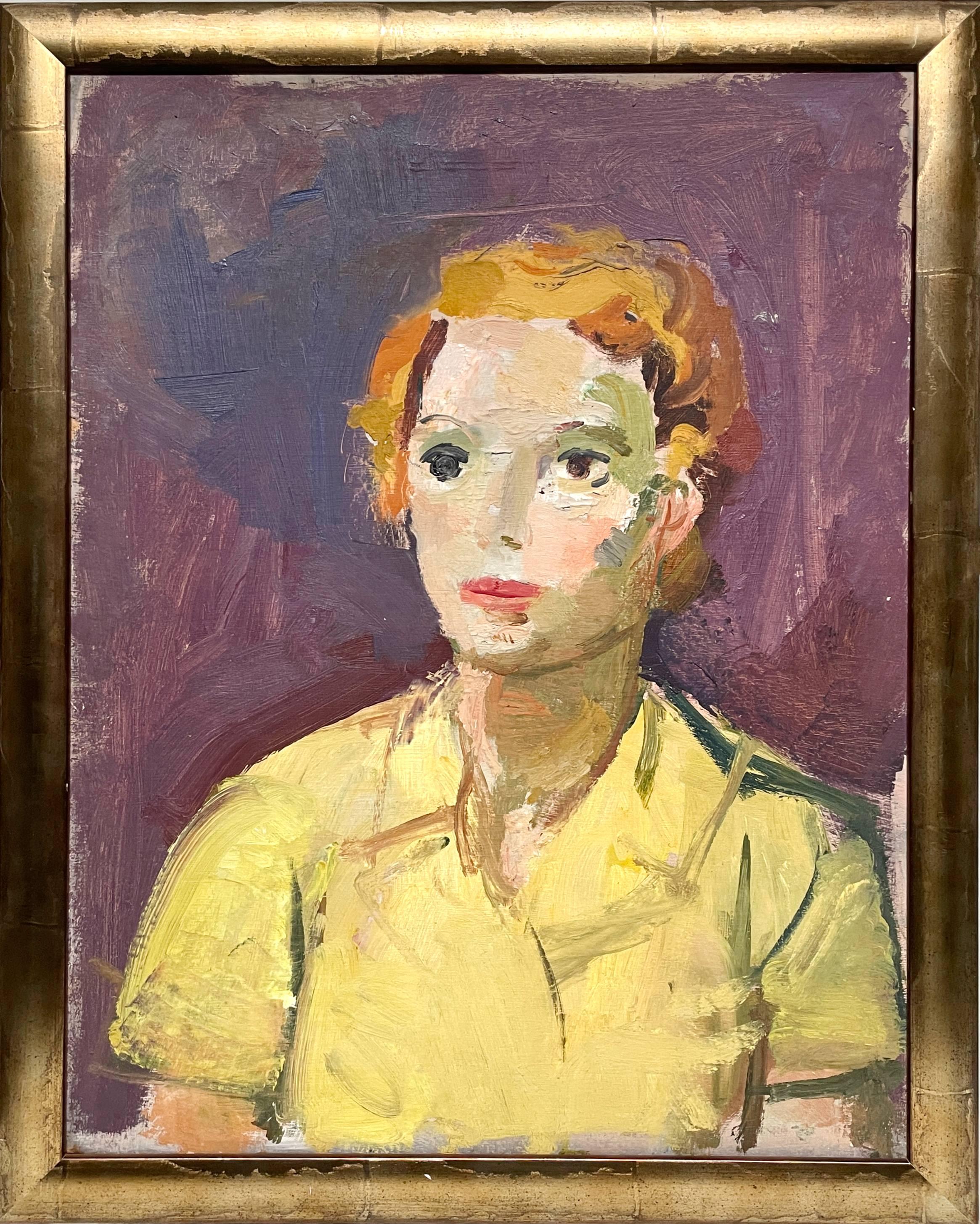 A Vibrant, Mid-Century Modern Portrait of a Young Woman in a Yellow Blouse - American Modern Painting by Francis Chapin