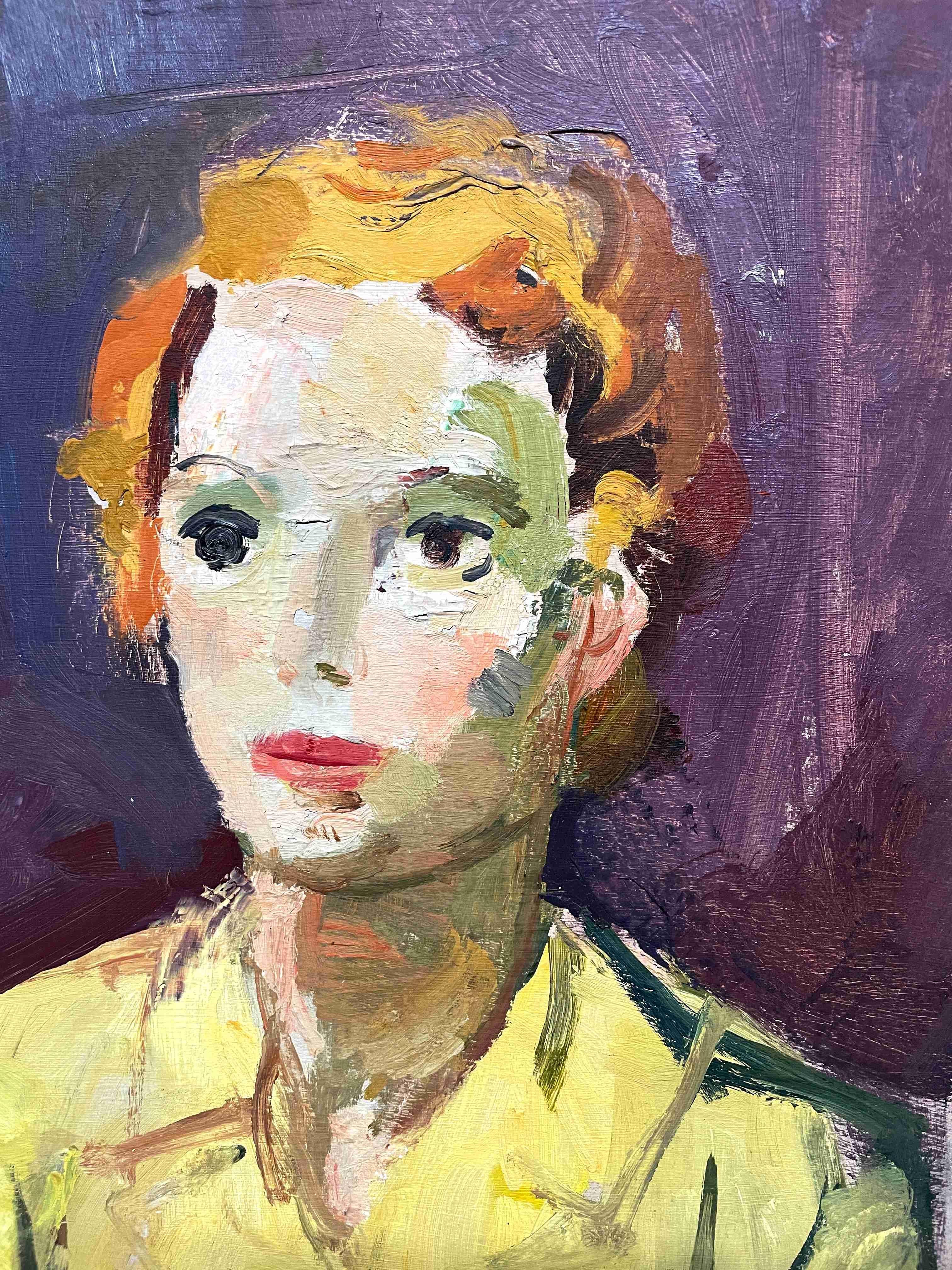A Vibrant, Mid-Century Modern Portrait of a Young Woman in a Yellow Blouse by Notable Chicago Artist, Francis Chapin (Am. 1899-1965).  Oil on Masonite, dating circa 1945.  Artwork Size:  24 x 18 inches  (Framed 26 1/2 x 20 1/2” inches).  Estate
