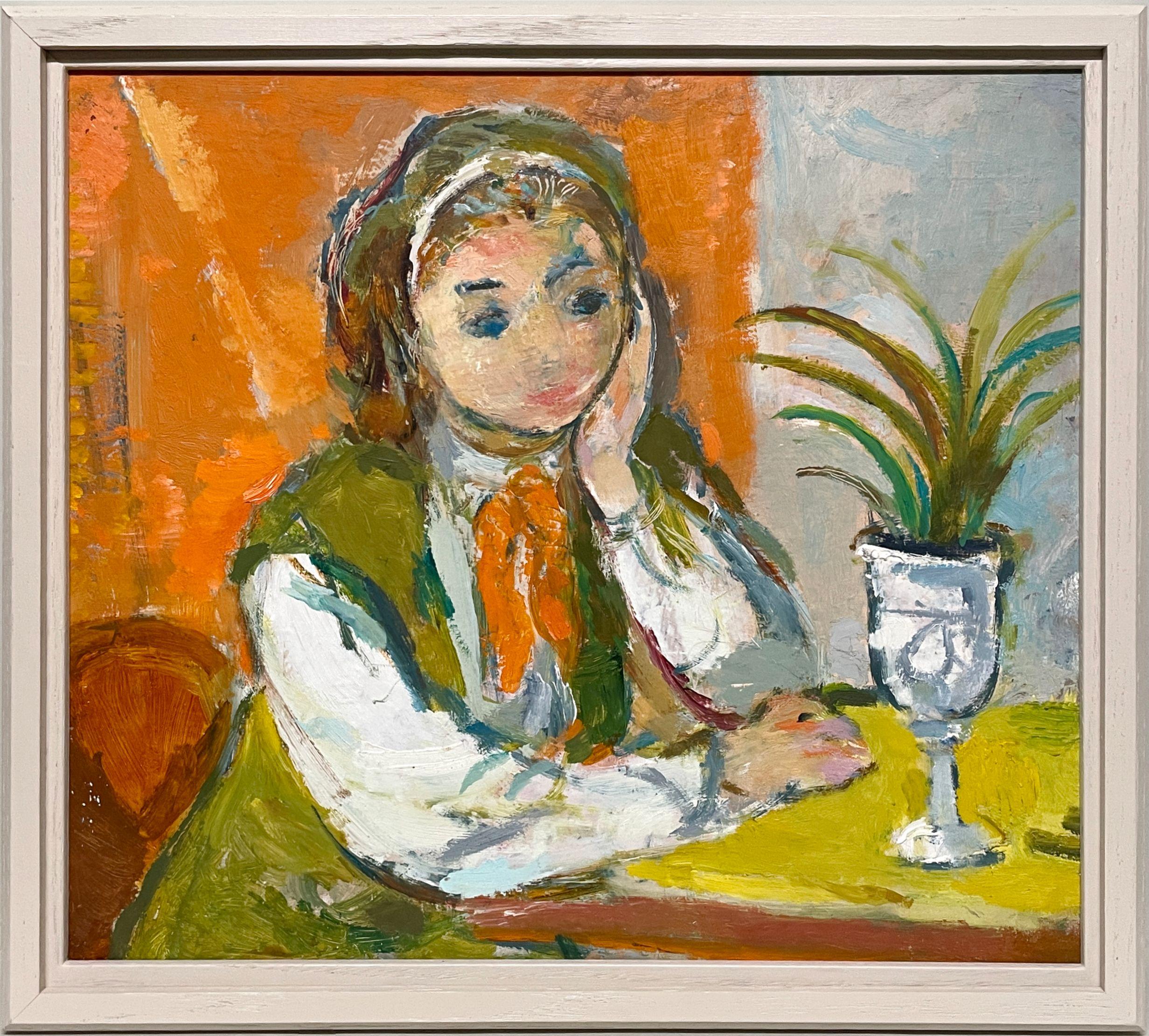 A Wonderful 1950s Mid-Century Modern Portrait of a Young Woman Seated at a Table – Painting von Francis Chapin