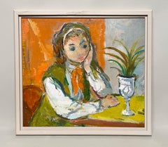 A Cheerful 1950s Mid-Century Modern, Portrait of a Young Woman Seated at a Table