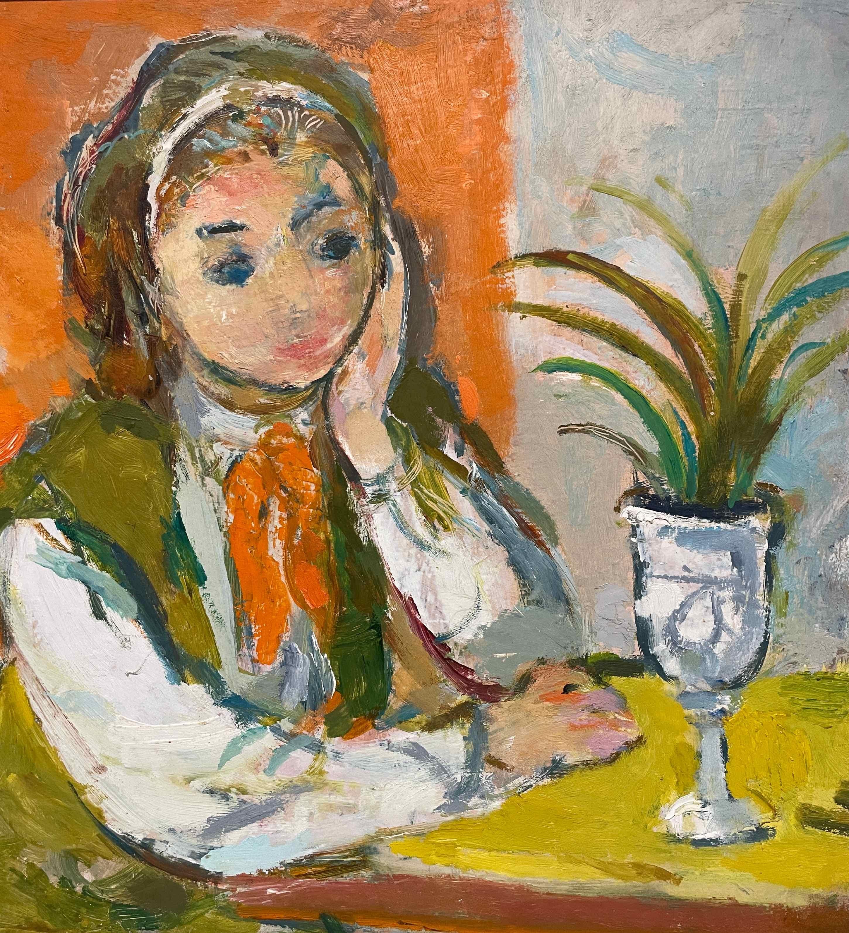 Wunderschönes Porträt einer jungen Frau aus der Jahrhundertmitte der 1950er Jahre, die an einem Tisch sitzt, von dem famosen Chicagoer Künstler Francis Chapin (Am. 1899-1965).  Großartige Farbpalette und ausdrucksstarker, kontemplativer Charakter; 