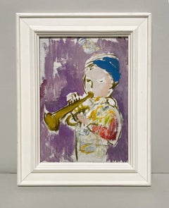 Maravilloso retrato moderno de mediados de siglo de los años 50 de un niño con una trompeta