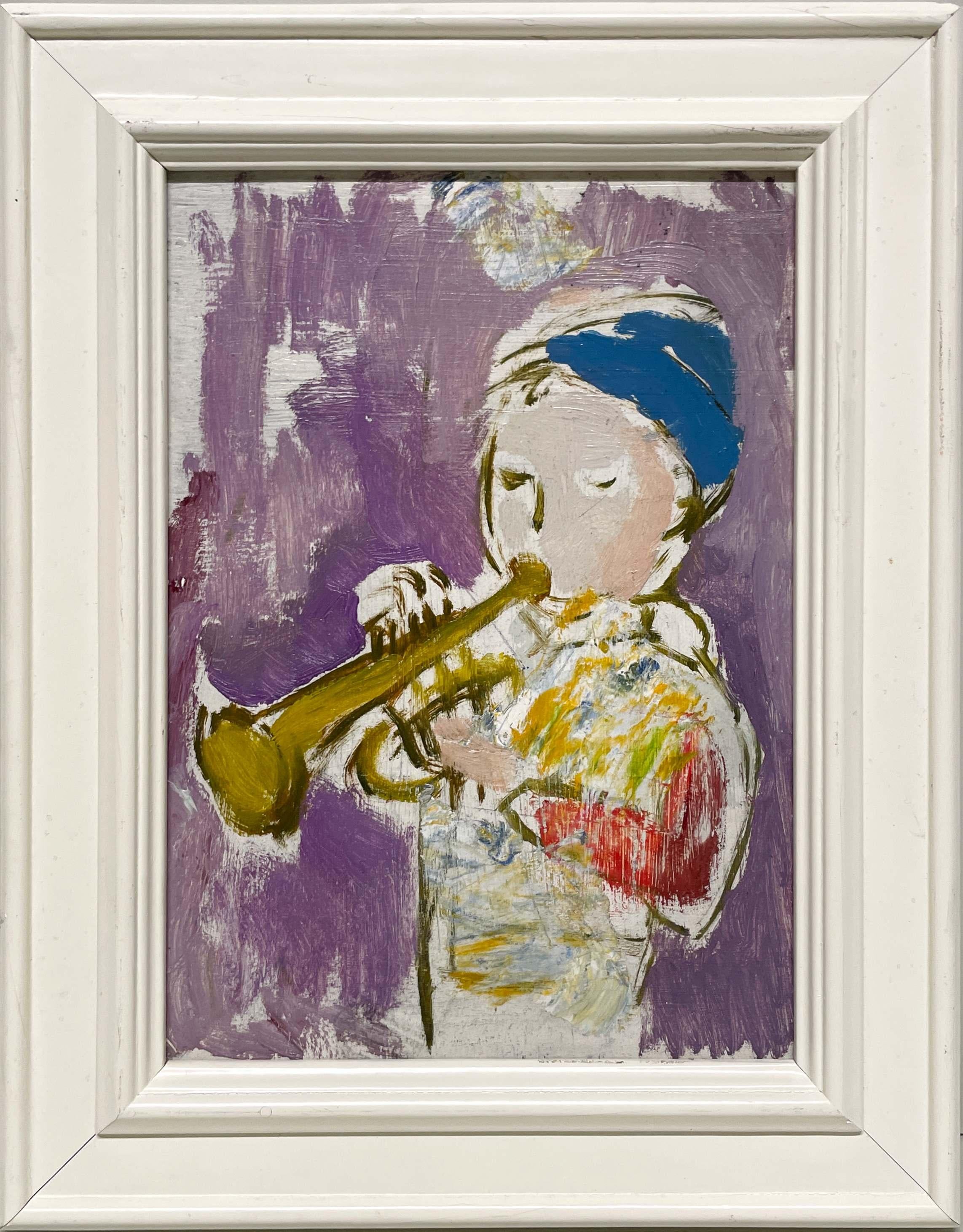 Magnifique peinture de portrait d'un garçon avec une trompette, datant des années 1950, The Moderns - Modernisme américain Painting par Francis Chapin