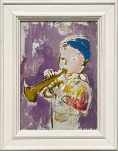 Un meraviglioso quadro ritratto di un ragazzo con la tromba, in stile Mid-Century Modern degli anni '50