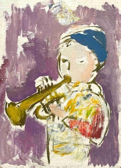 Un meraviglioso quadro ritratto di un ragazzo con la tromba, in stile Mid-Century Modern degli anni '50