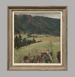 Ein frühmodernes Gemälde einer Westernlandschaft aus den 1920er Jahren, Hillside Corral, Wyoming