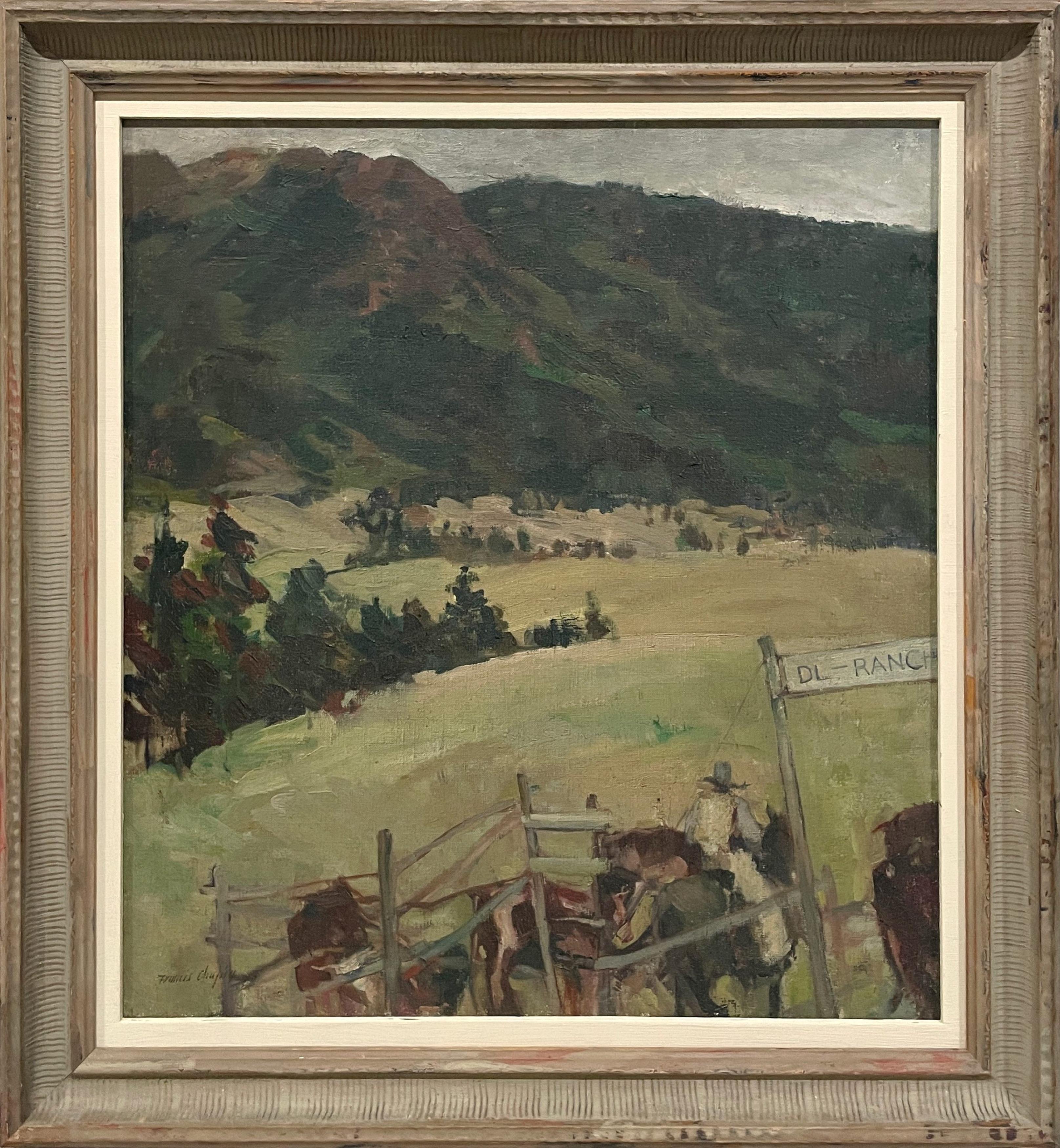 Francis Chapin Figurative Painting – Ein frühmodernes Gemälde einer Westernlandschaft aus den 1920er Jahren, Hillside Corral, Wyoming