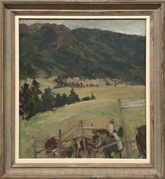 Ein frühmodernes Gemälde einer Westernlandschaft aus den 1920er Jahren, Hillside Corral, Wyoming