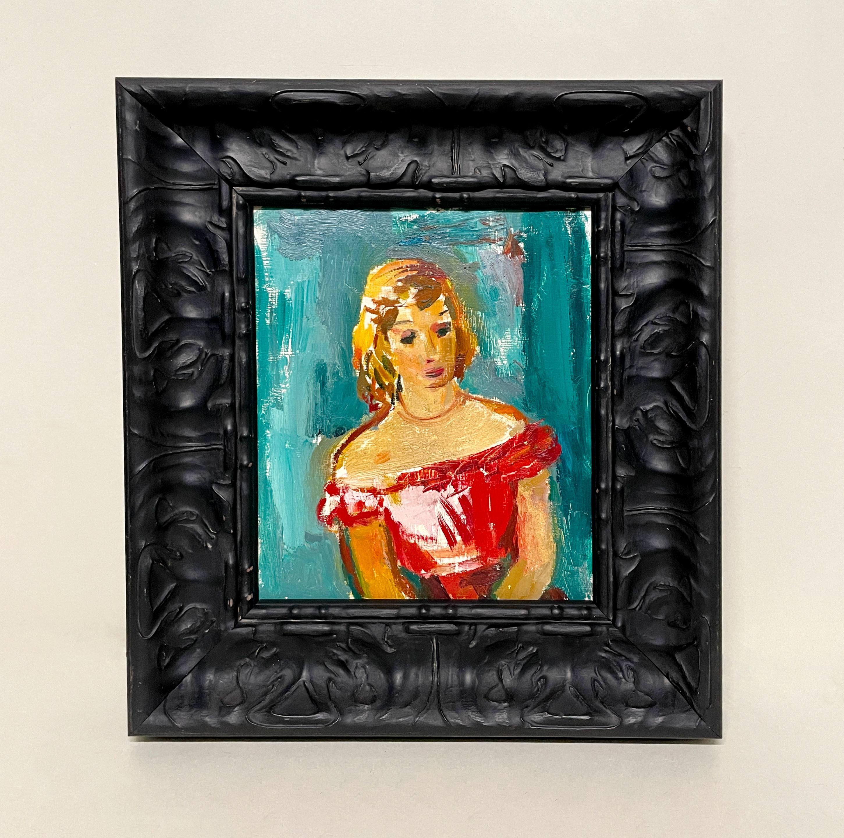 Un élégant portrait moderniste d'une jeune femme en robe rouge de Francis Chapin en vente 1