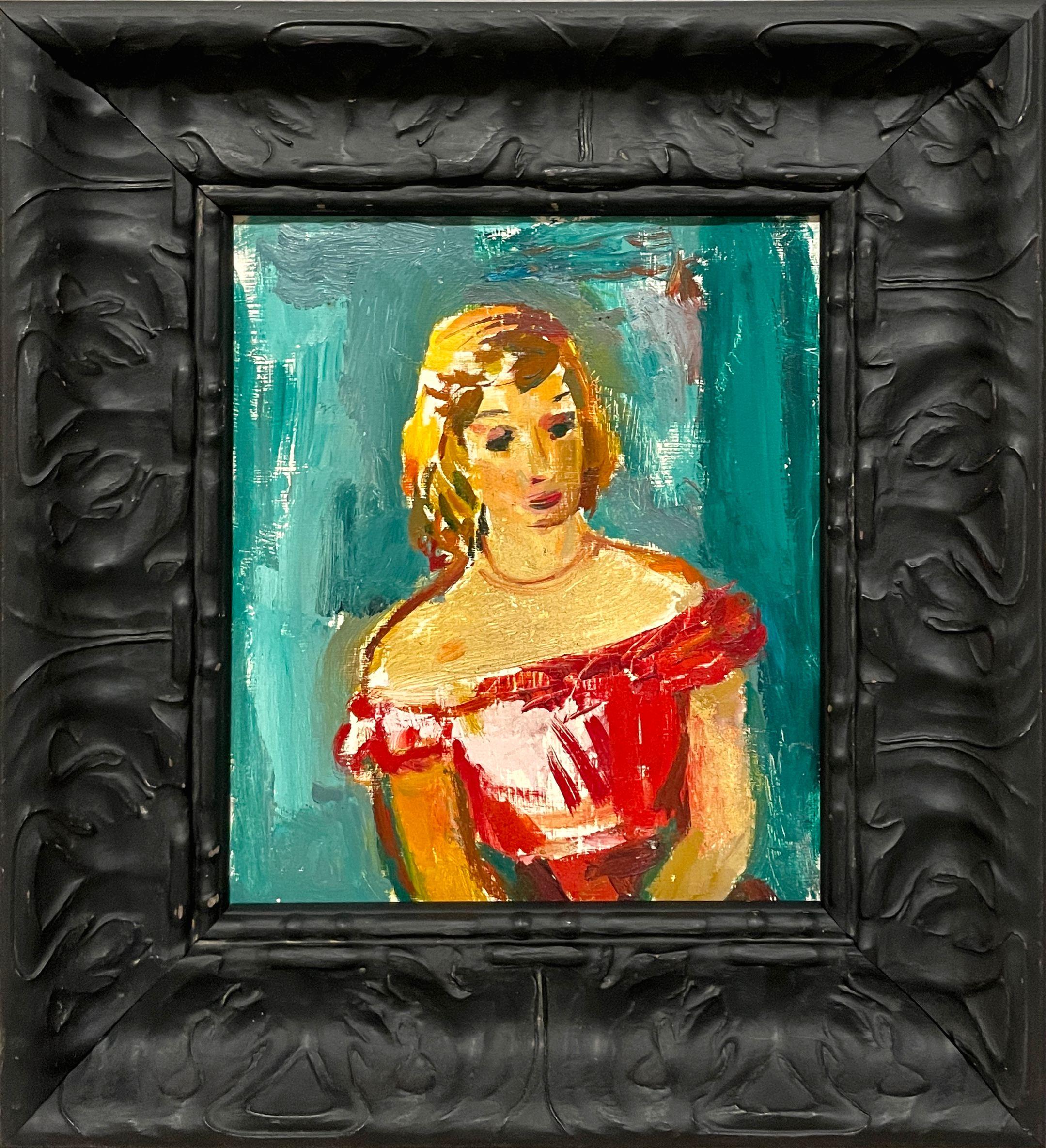 Un élégant portrait moderniste d'une jeune femme en robe rouge de Francis Chapin en vente 2