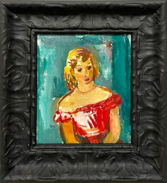 Un elegante ritratto modernista di una giovane donna in abito rosso di Francis Chapin