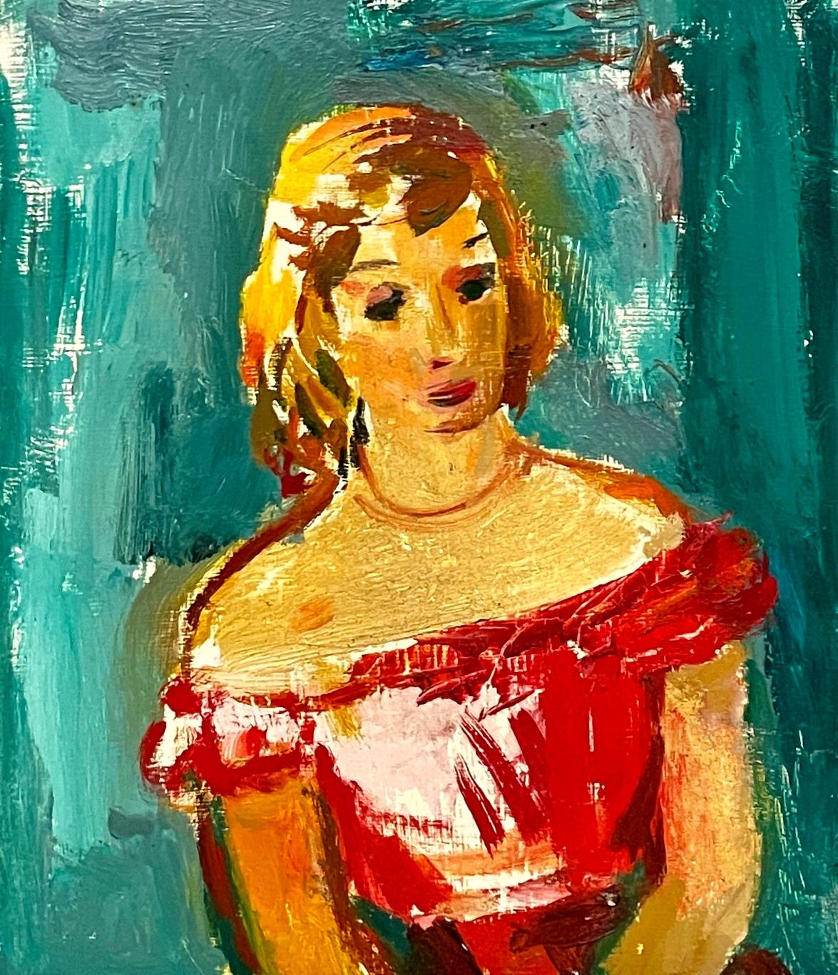 Elegante retrato modernista de una joven vestida de rojo, por Francis Chapin