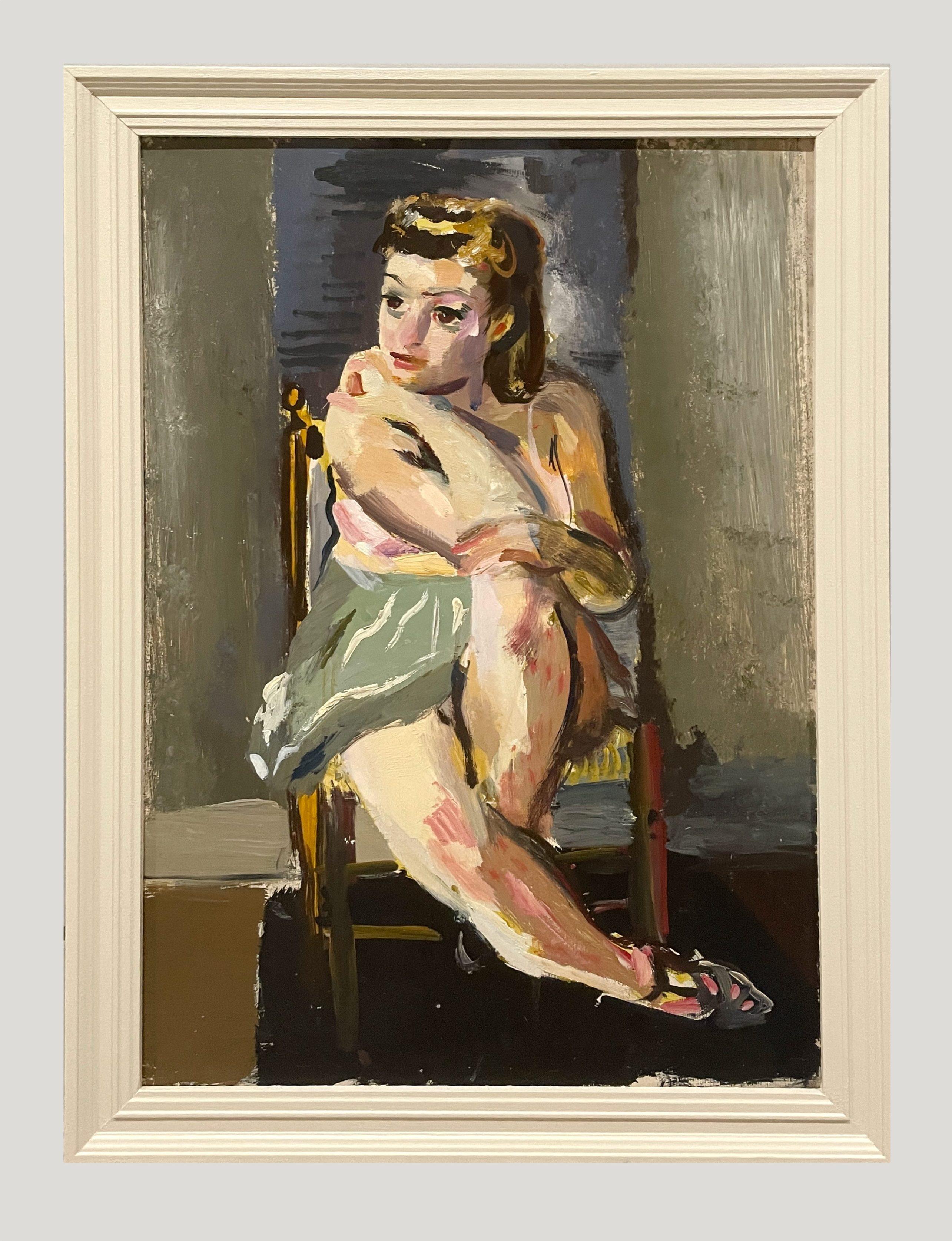Portrait moderne et introspectif d'une jeune danseuse de ballet assise, datant des années 1940 - Painting de Francis Chapin