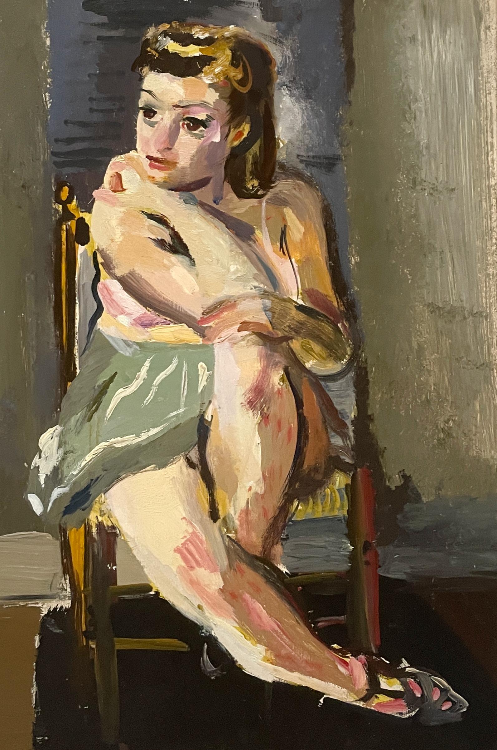 Portrait moderne et introspectif d'une jeune danseuse de ballet assise, datant des années 1940 - Marron Portrait Painting par Francis Chapin