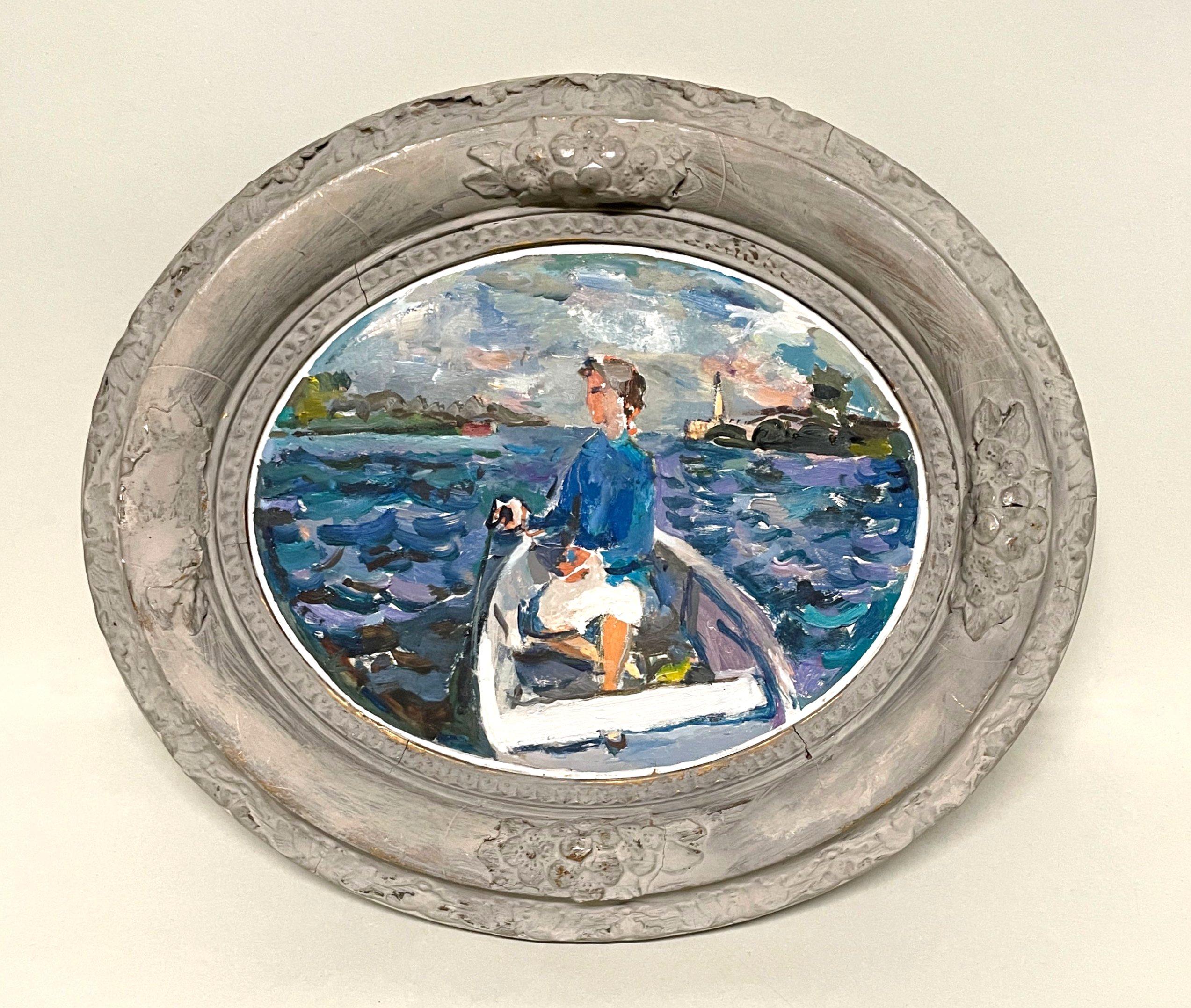 Charming, Colorful 1930s Oil Painting of a Woman in Rowboat by Francis Chapin en venta 1