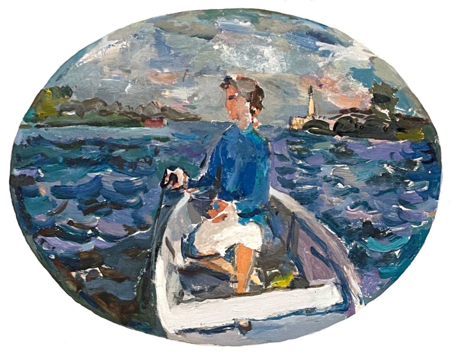 Charming, Colorful 1930s Oil Painting of a Woman in Rowboat by Francis Chapin en venta 4