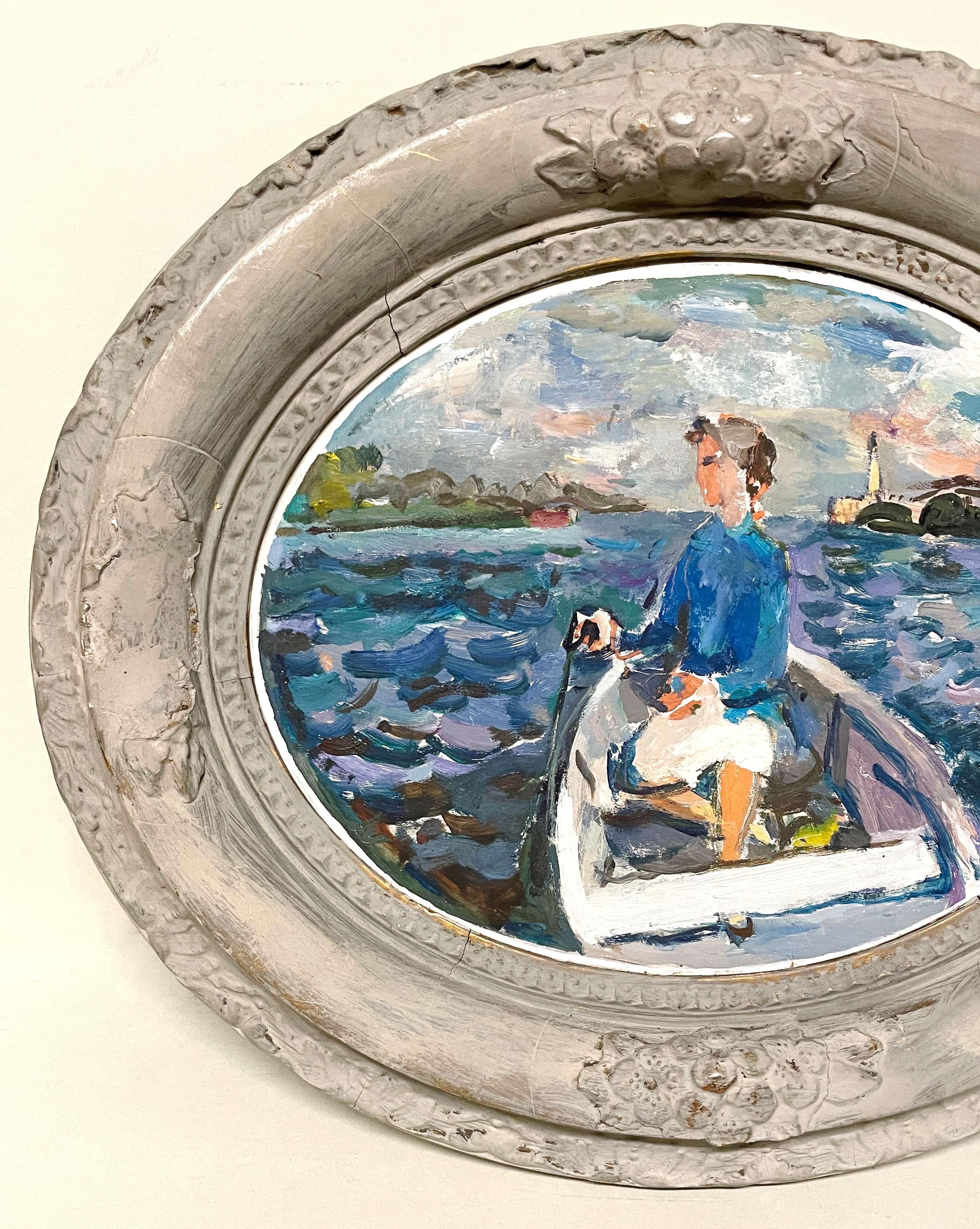 Charming, Colorful 1930s Oil Painting of a Woman in Rowboat by Francis Chapin en venta 2