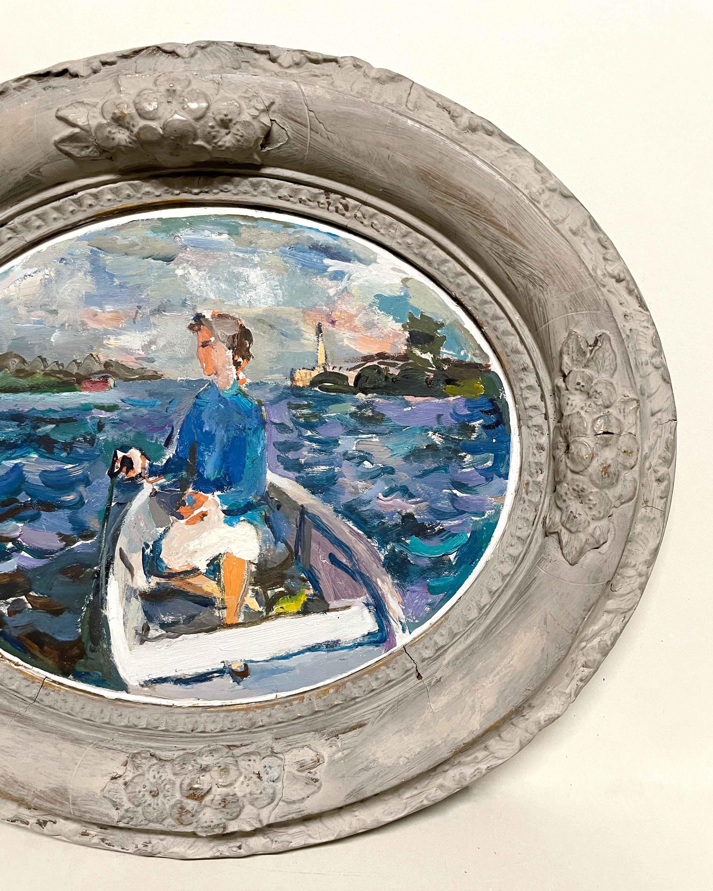 Charming, Colorful 1930s Oil Painting of a Woman in Rowboat by Francis Chapin en venta 3