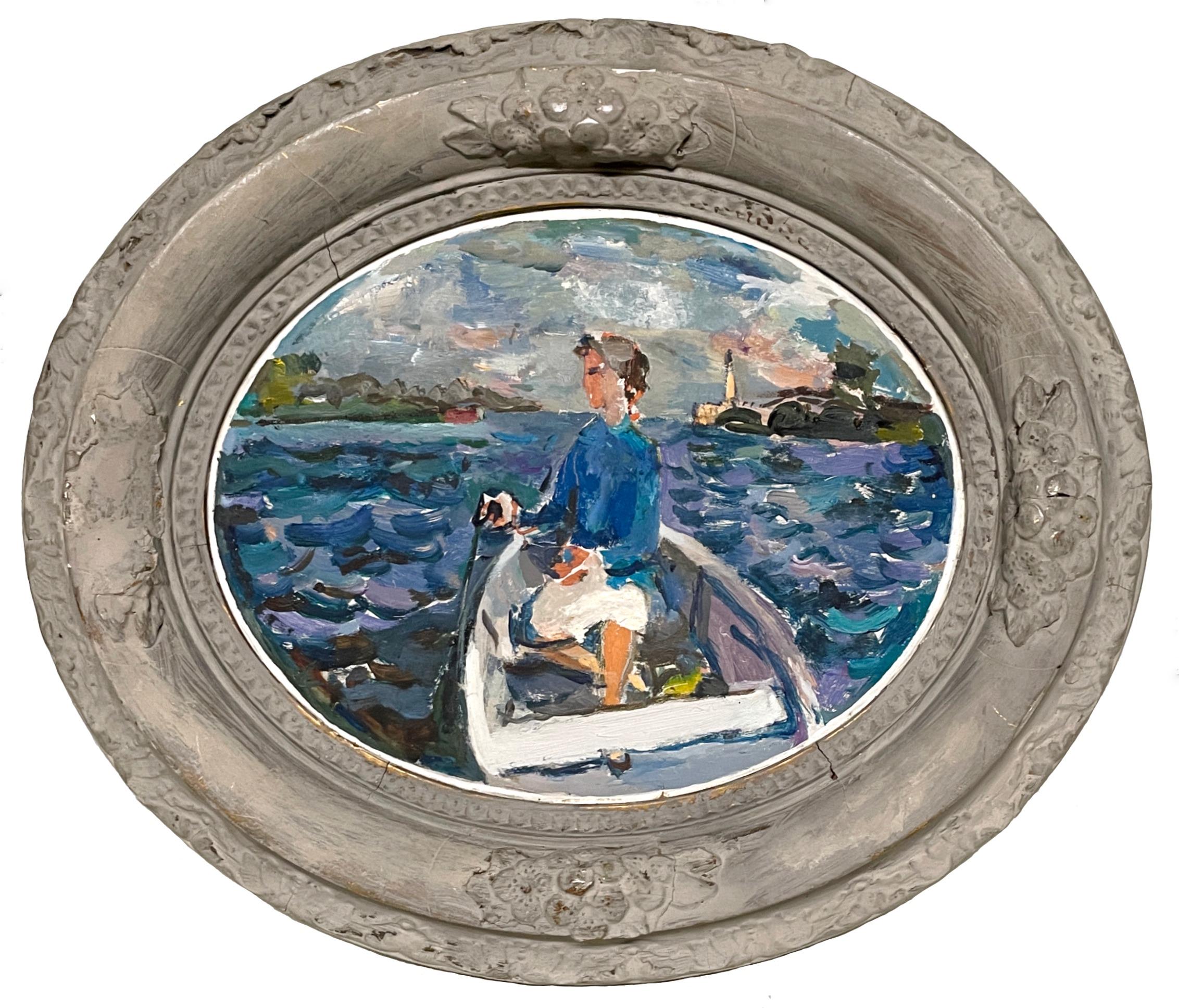 Charming, Colorful 1930s Oil Painting of a Woman in Rowboat by Francis Chapin