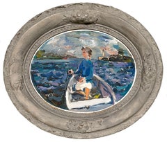 Charming, Colorful 1930s Oil Painting of a Woman in Rowboat by Francis Chapin
