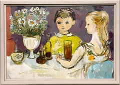 A Charming Mid-Century Modern Painting, Children in a Soda Shop