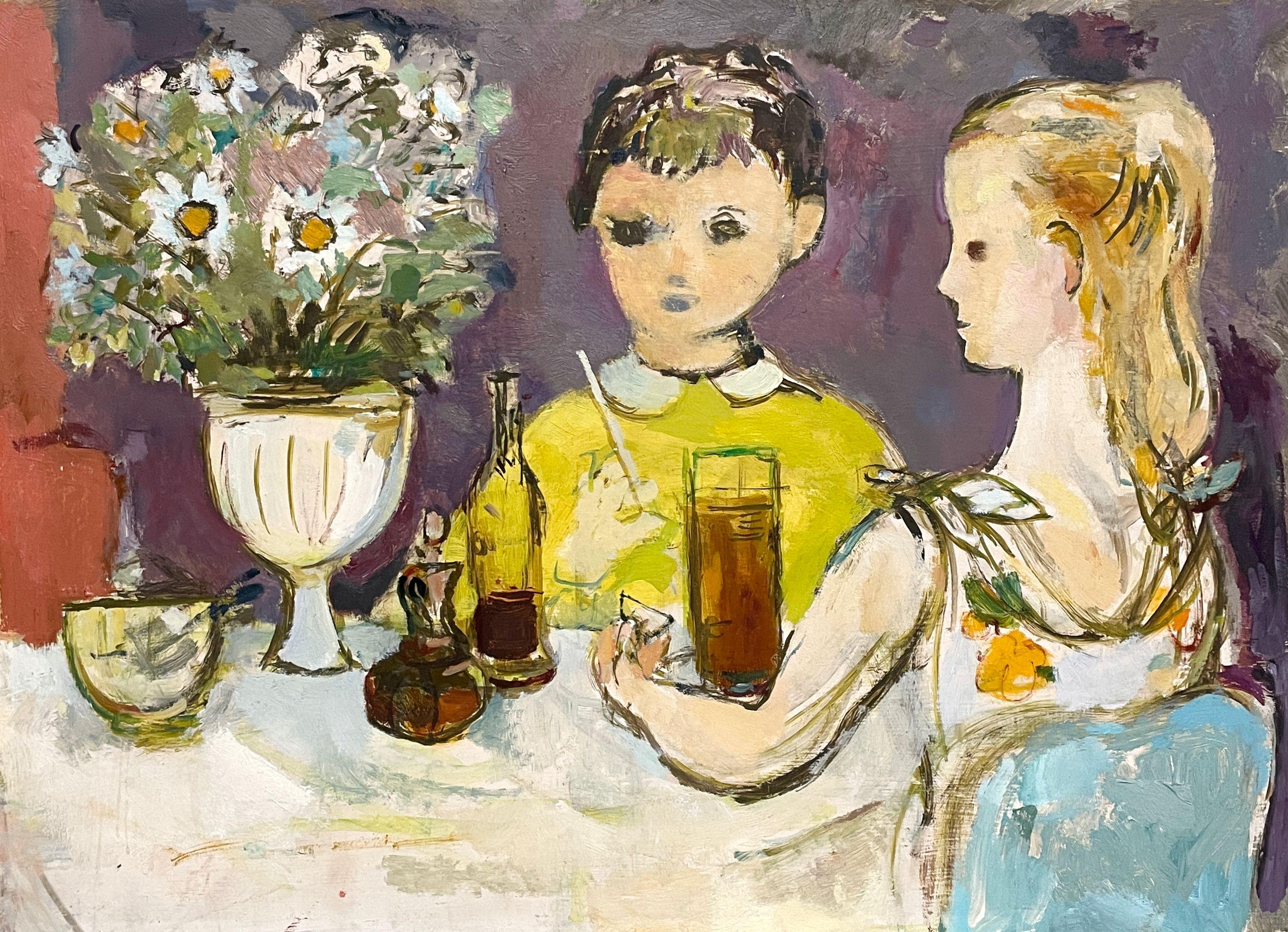 Affascinante dipinto della metà del secolo scorso, Bambini in un negozio di bibite di Francis Chapin