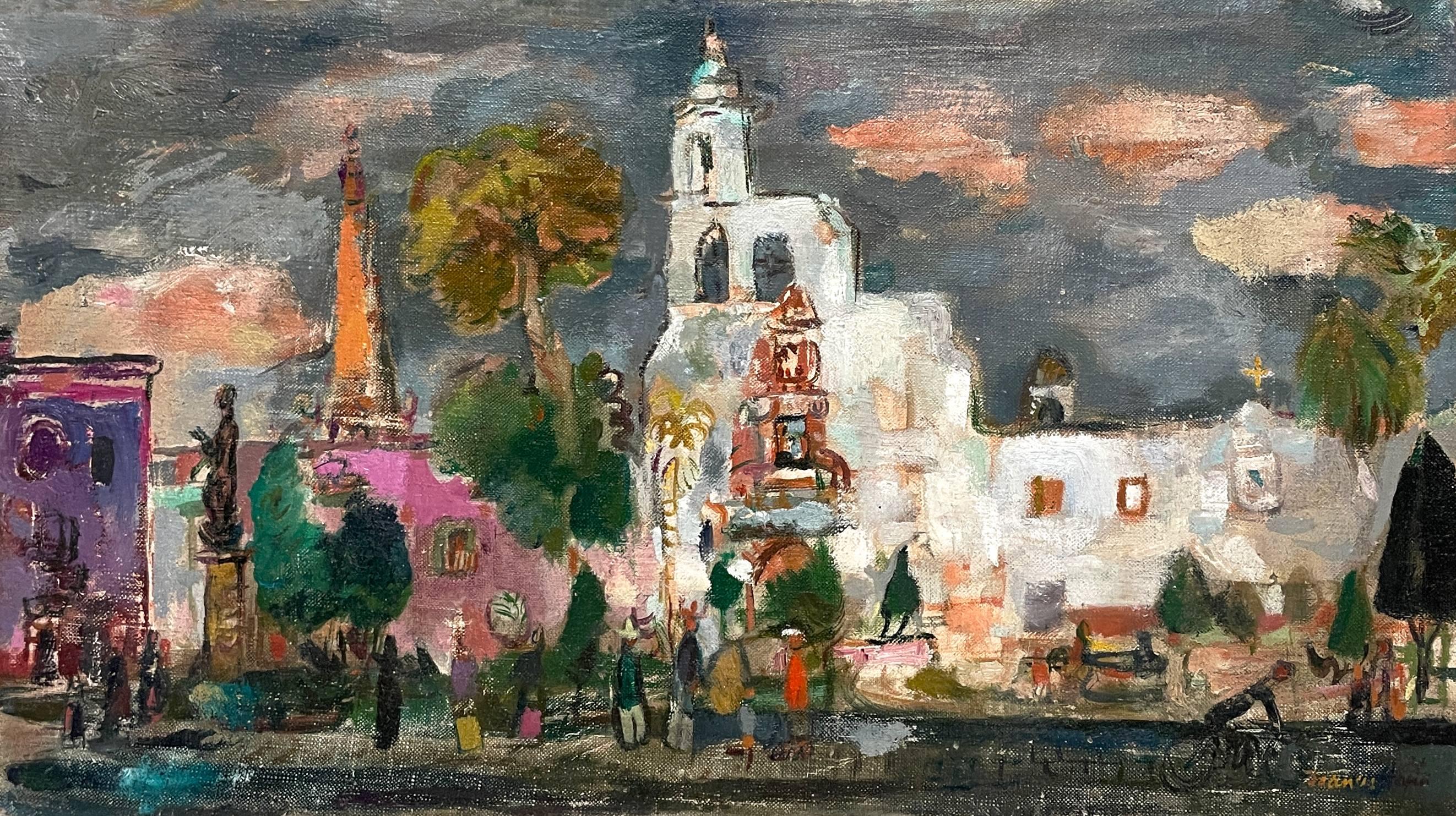 Un'affascinante e vivace scena di strada di una città messicana realizzata dal famoso artista moderno di Chicago Francis Chapin (Am. 1899-1965).  Intitolato "Old Church, San Miguel de Allende (Spanish Plaza)", il dipinto è un olio su tela, risale al
