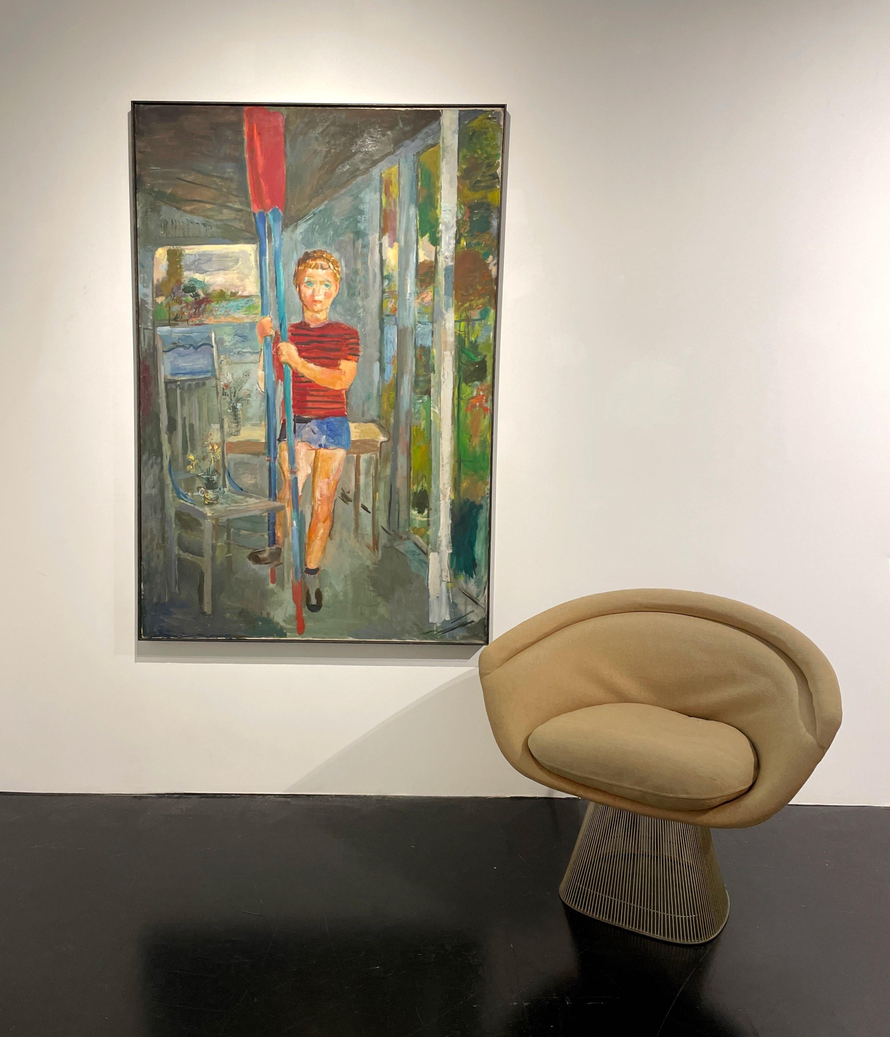 Sehr großes Gemälde einer weiblichen Rudererin, die Augen hält, von Francis Chapin, ca. 1940er Jahre im Angebot 1