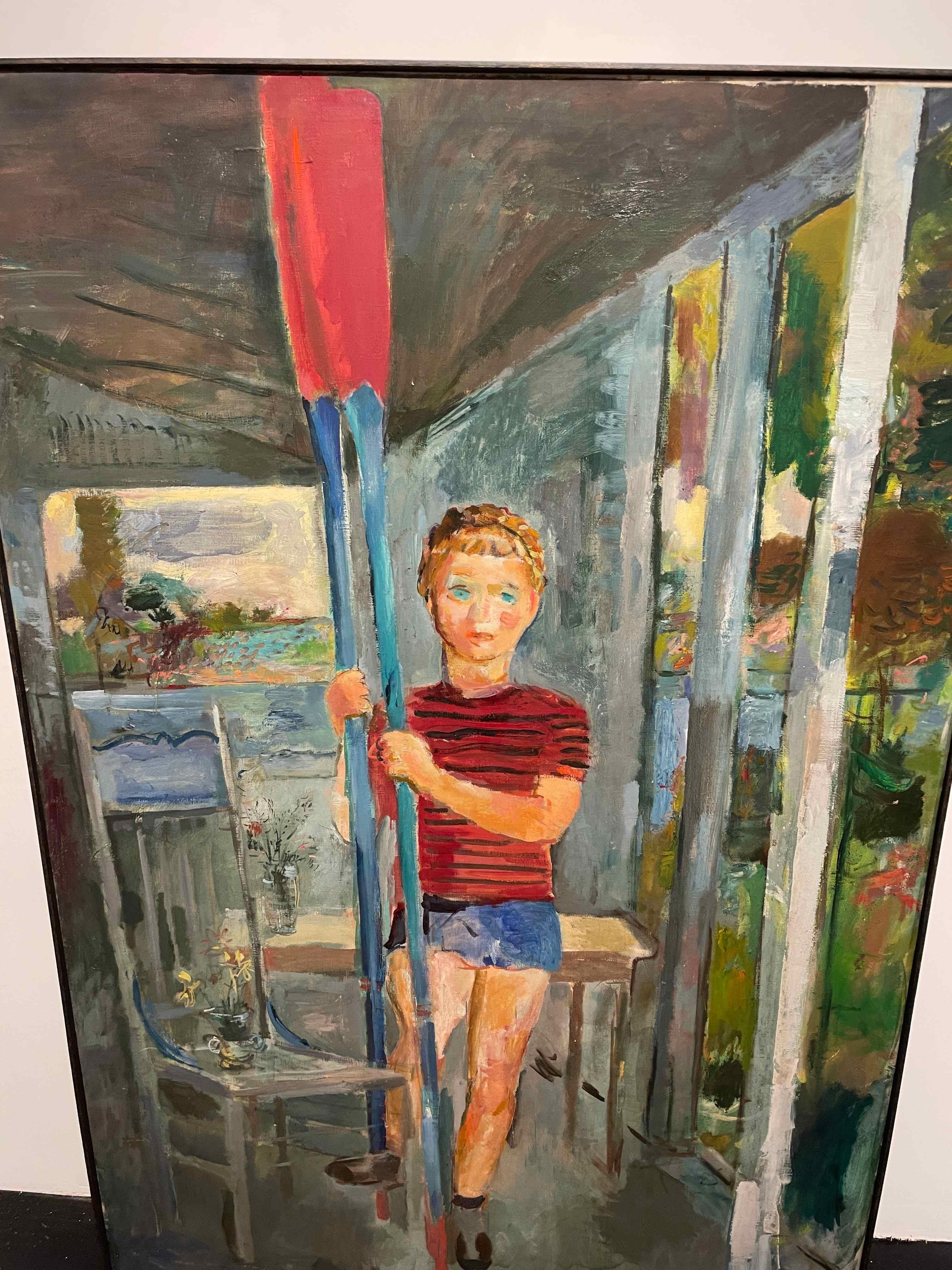 Sehr großes Gemälde einer weiblichen Rudererin, die Augen hält, von Francis Chapin, ca. 1940er Jahre im Angebot 2