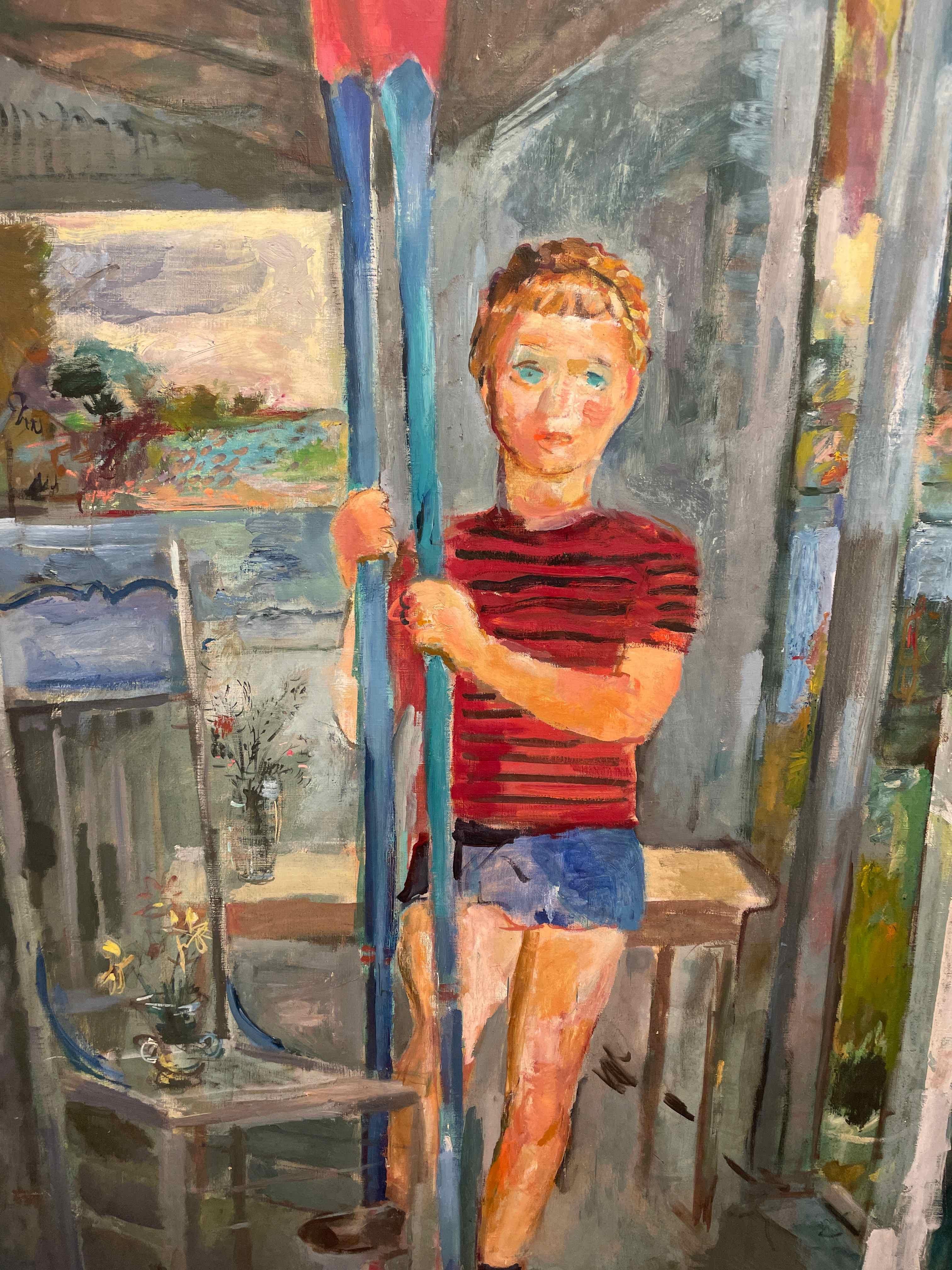 Sehr großes Gemälde einer weiblichen Rudererin, die Augen hält, von Francis Chapin, ca. 1940er Jahre im Angebot 3