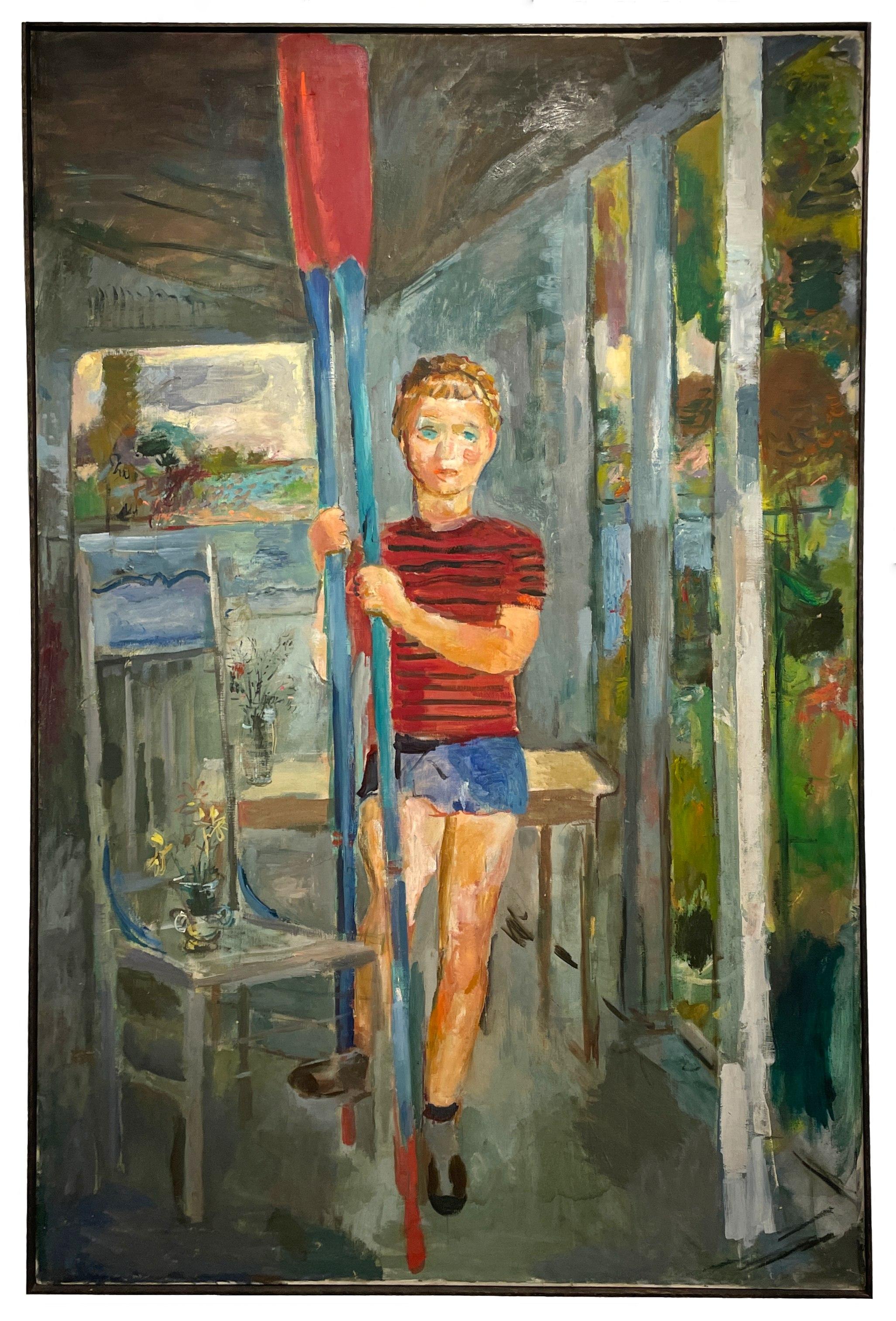 Sehr großes Gemälde einer weiblichen Rudererin, die Augen hält, von Francis Chapin, ca. 1940er Jahre im Angebot 4