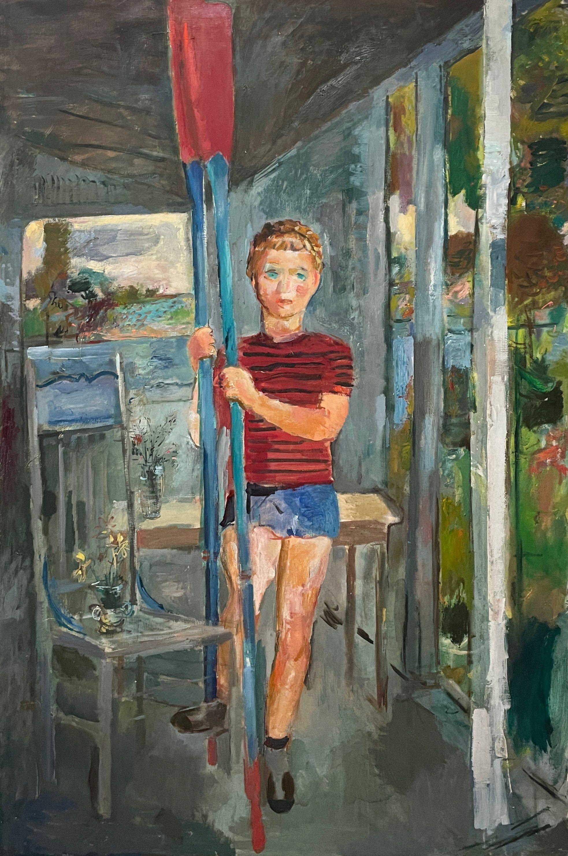 Sehr großes ca. 1940er Jahre Gemälde eines weiblichen Ruderers mit Rudern von Künstler Francis Chapin.  Bildgröße:  
65" x 44".  Gerahmte Größe:  65 1/2" x 44 1/2".  Provenienz:  Nachlass des Künstlers.

Francis Chapin, der von seinen Kollegen