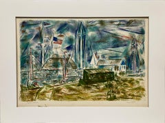 Litografia a colori del 1958 circa intitolata "Edgartown Yacht Club" di Francis Chapin