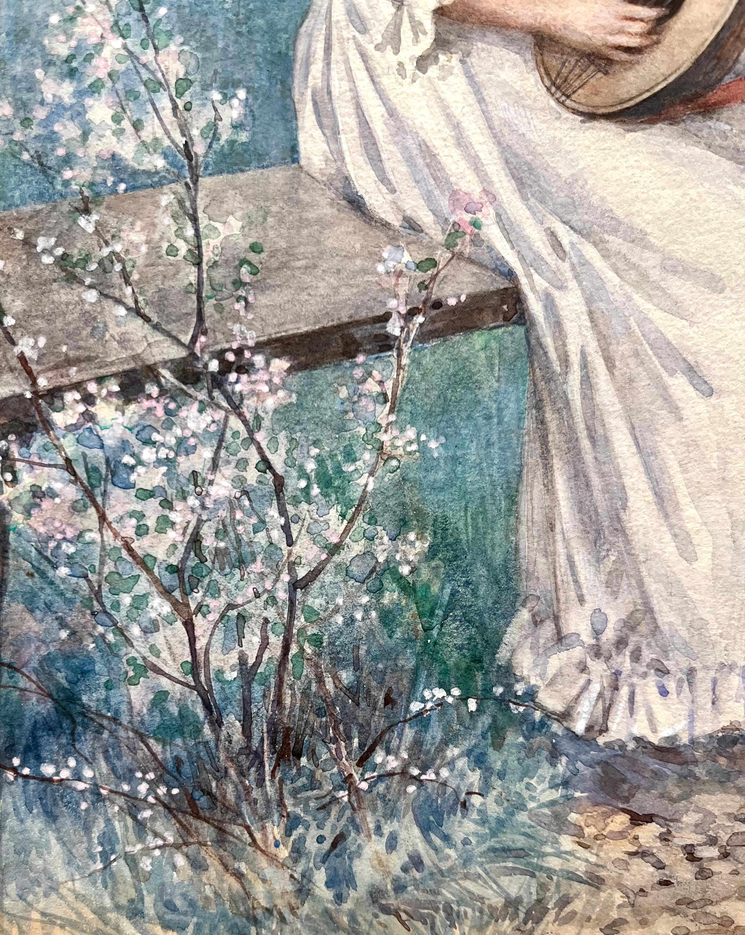 Portrait à l'aquarelle d'une femme jouant du luth intitulé 