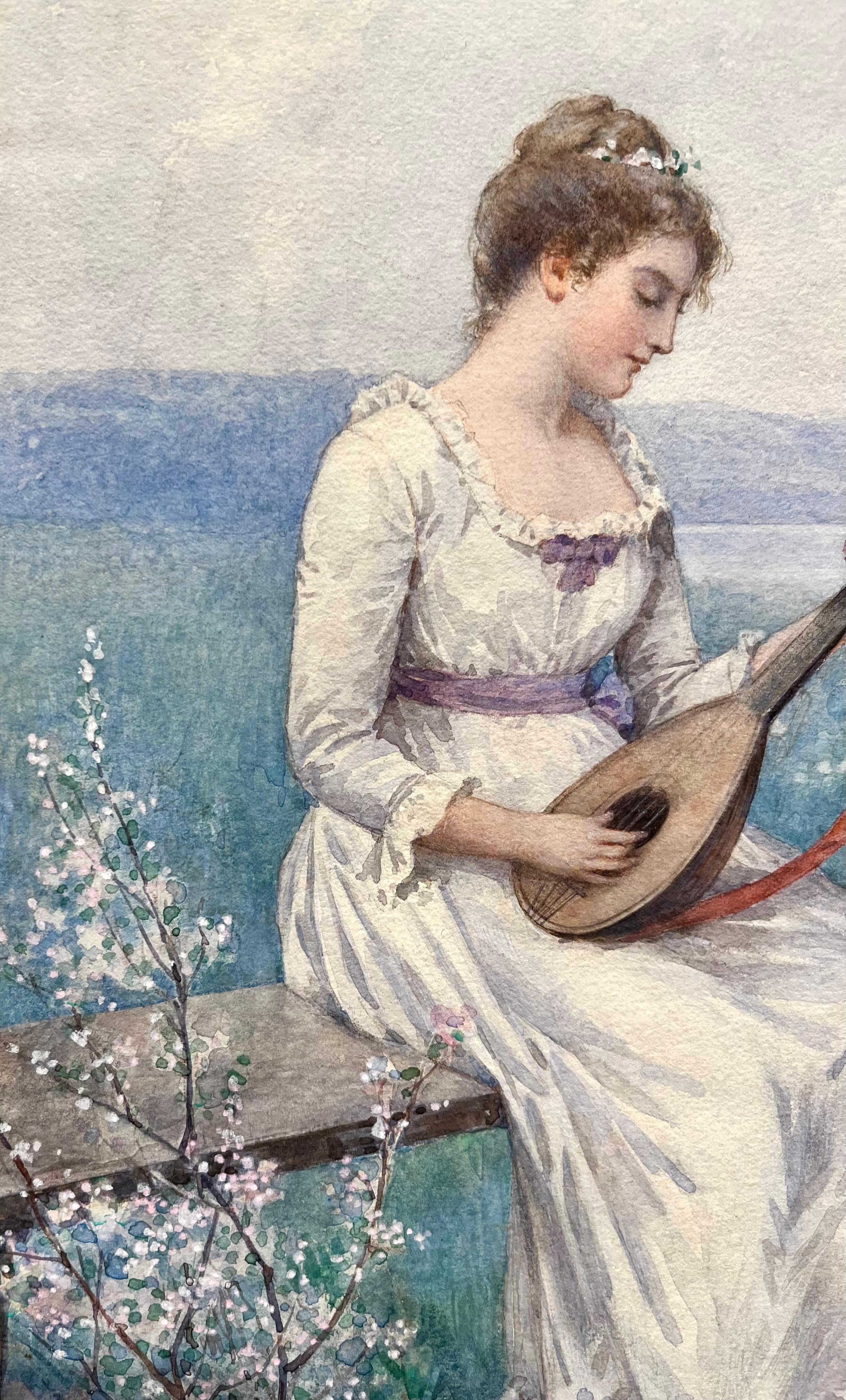 Portrait à l'aquarelle d'une femme jouant du luth intitulé 