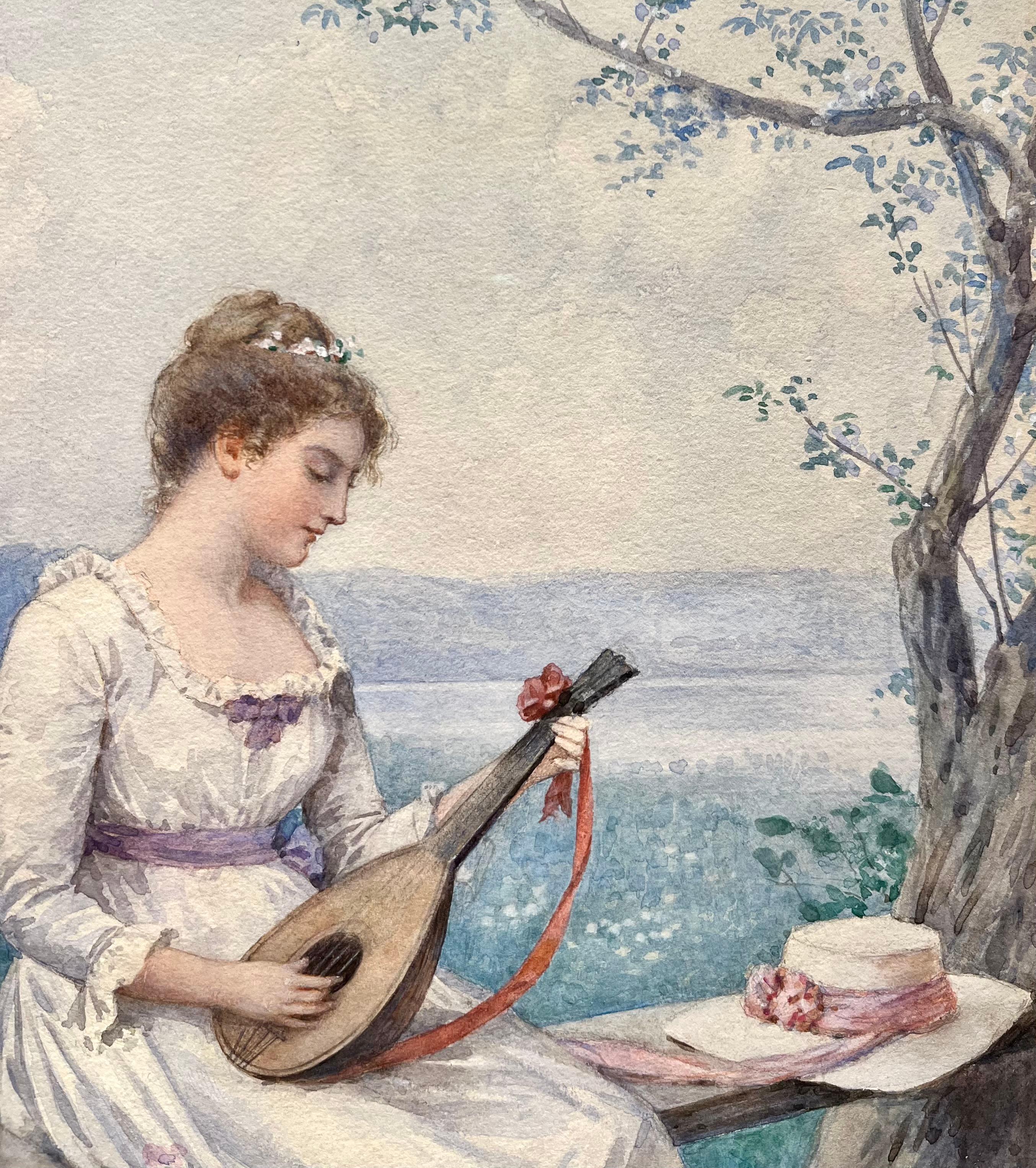 Portrait à l'aquarelle d'une femme jouant du luth intitulé 
