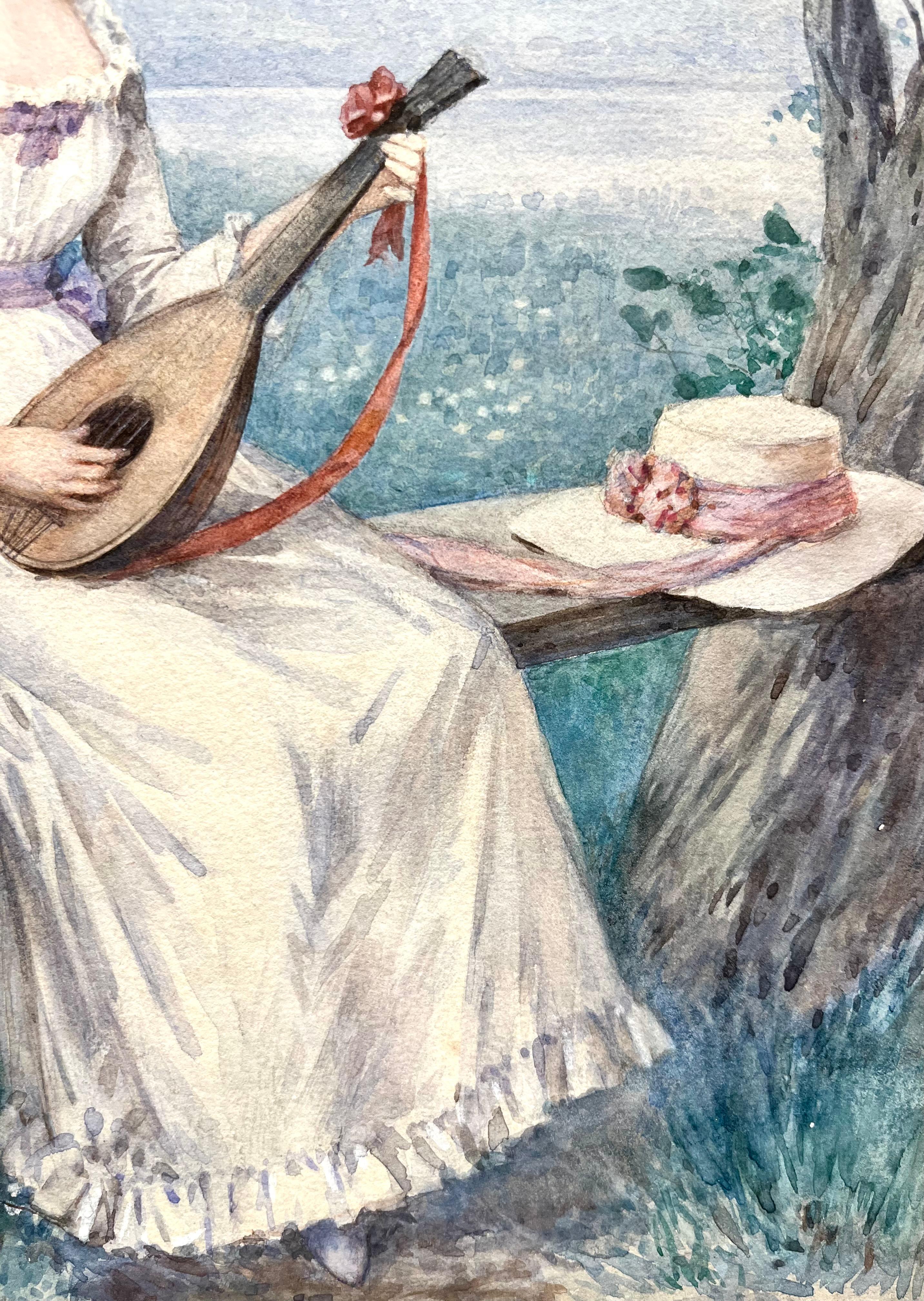 Portrait à l'aquarelle d'une femme jouant du luth intitulé 
