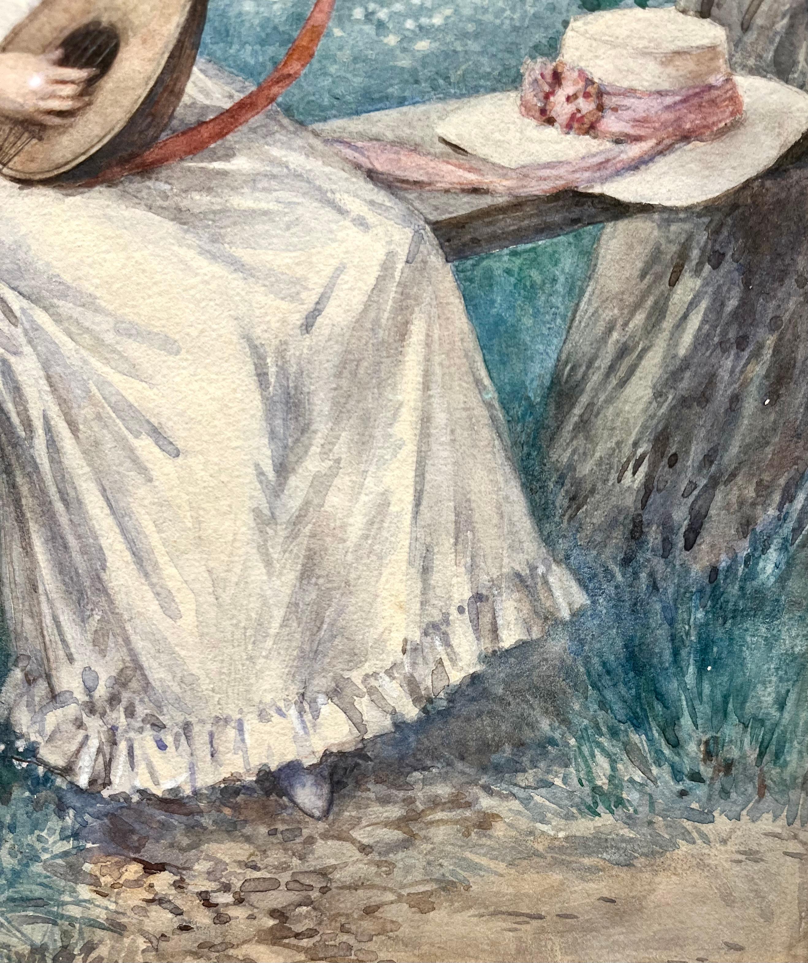 Portrait à l'aquarelle d'une femme jouant du luth intitulé 