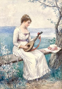 Watercolor Portrait of Woman Playing Lute titled "Spring Interlude"