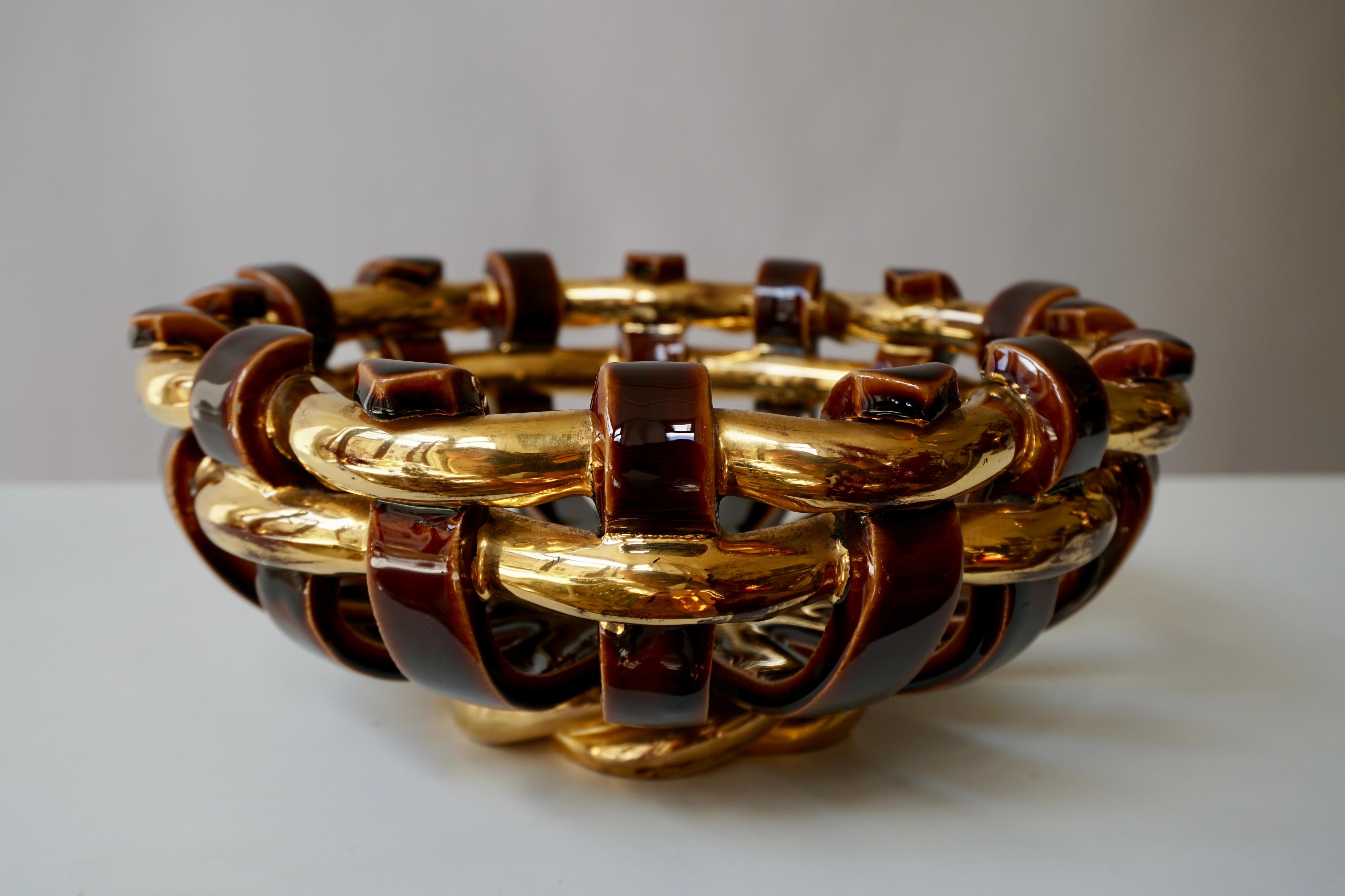 Hollywood Regency Francis Cova Gilt Gold Brown Ceramic Bowl, circa 1970s For Sale