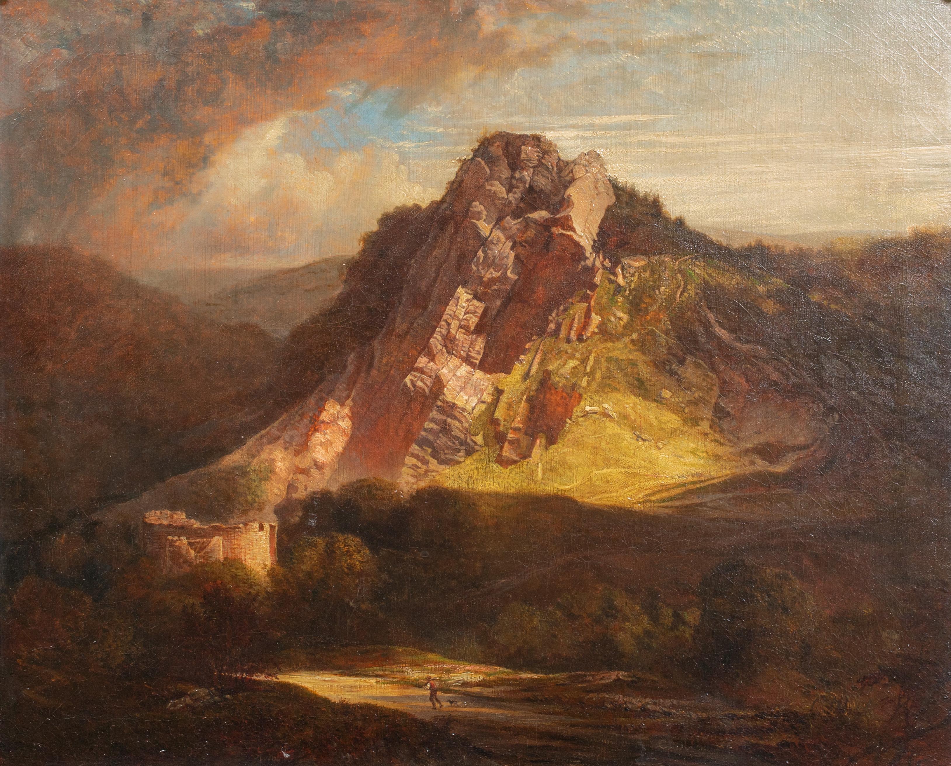 Francis Danby Landscape Painting - Lonely Figure In A Mountain Landscape, titled "Dinas Braun Neath", 19th Century 