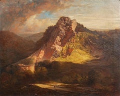 Antique Lonely Figure In A Mountain Landscape, titled "Dinas Braun Neath", 19th Century 