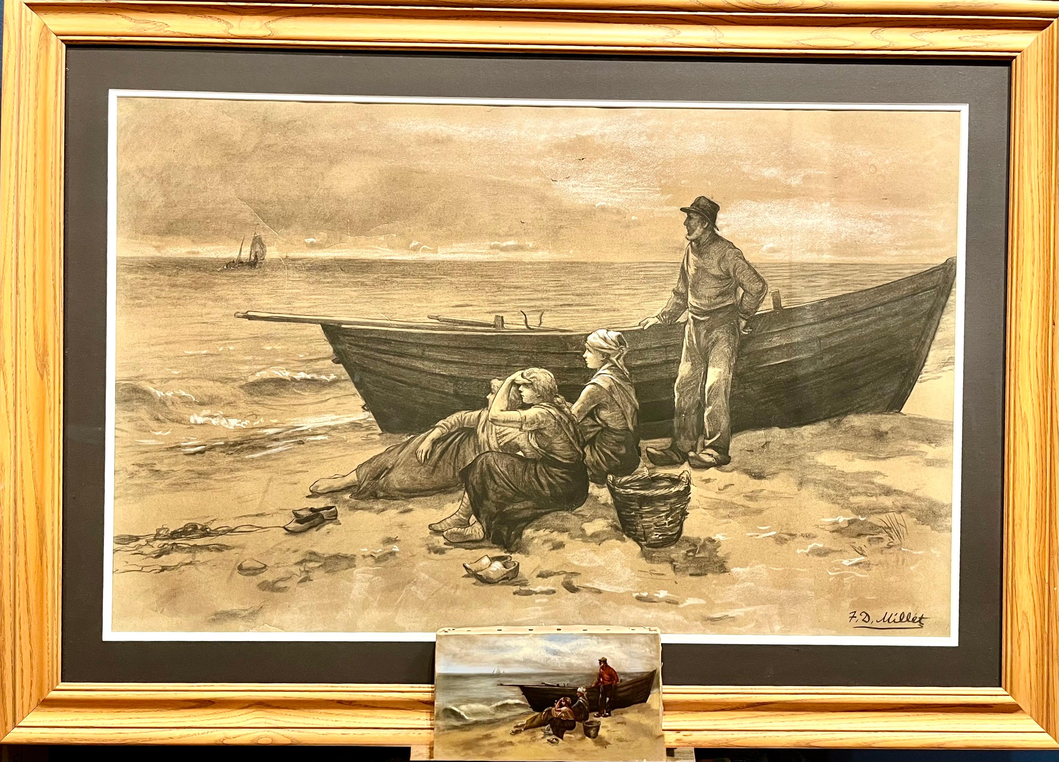 Francis Davis Millet Figurative Painting – Warten an der Küste: Ein Paar mit Kohle- und Ölgemälden von Küstenlandschaften