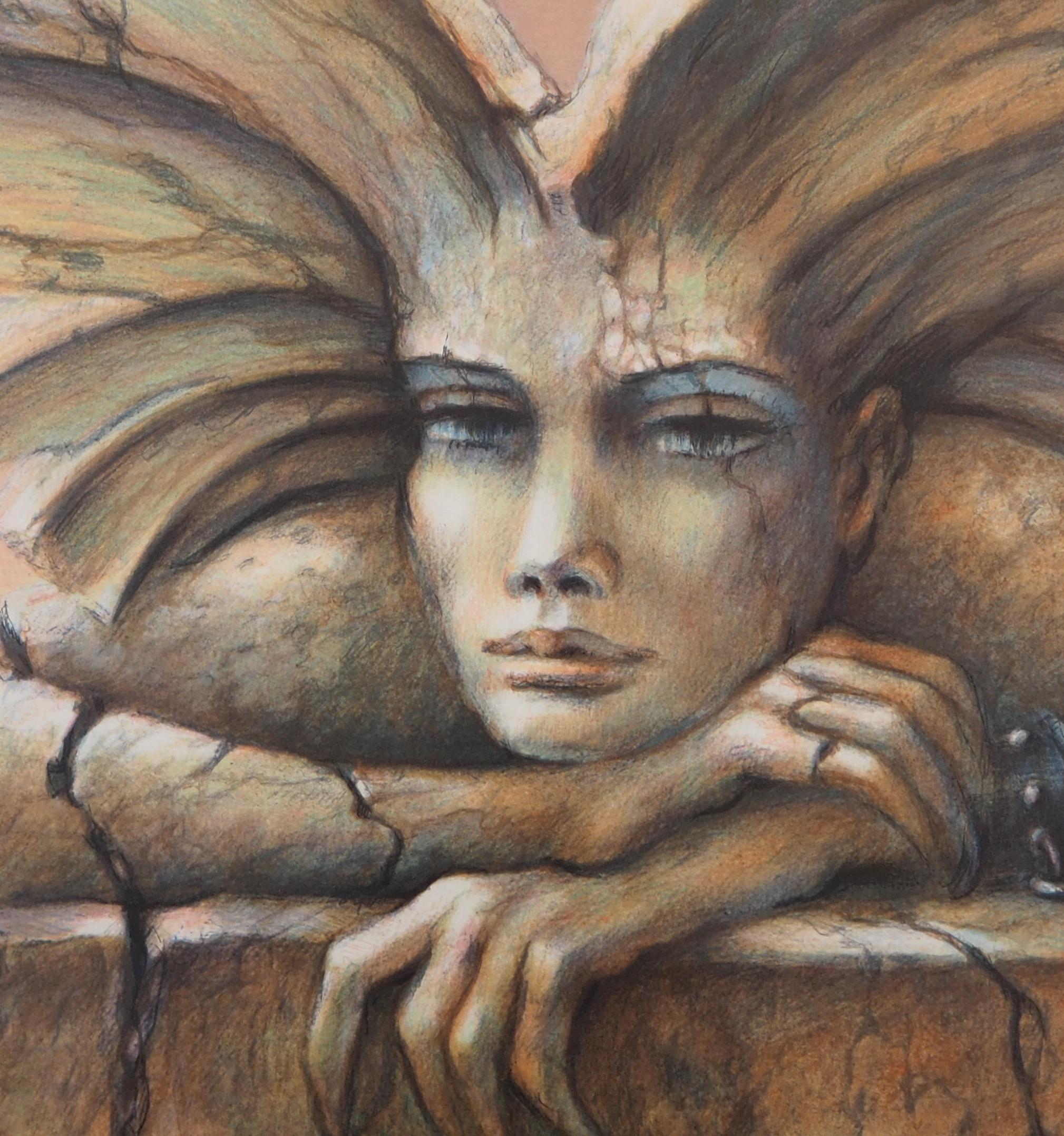 Enigma : Liberty - Original handsigned lithograph - Brown Figurative Print by Francis de Saint-Genies