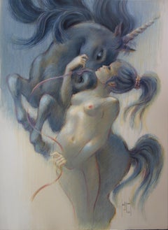 Fantaisie : Femme avec une licorne - Lithographie originale signée à la main - 275ex