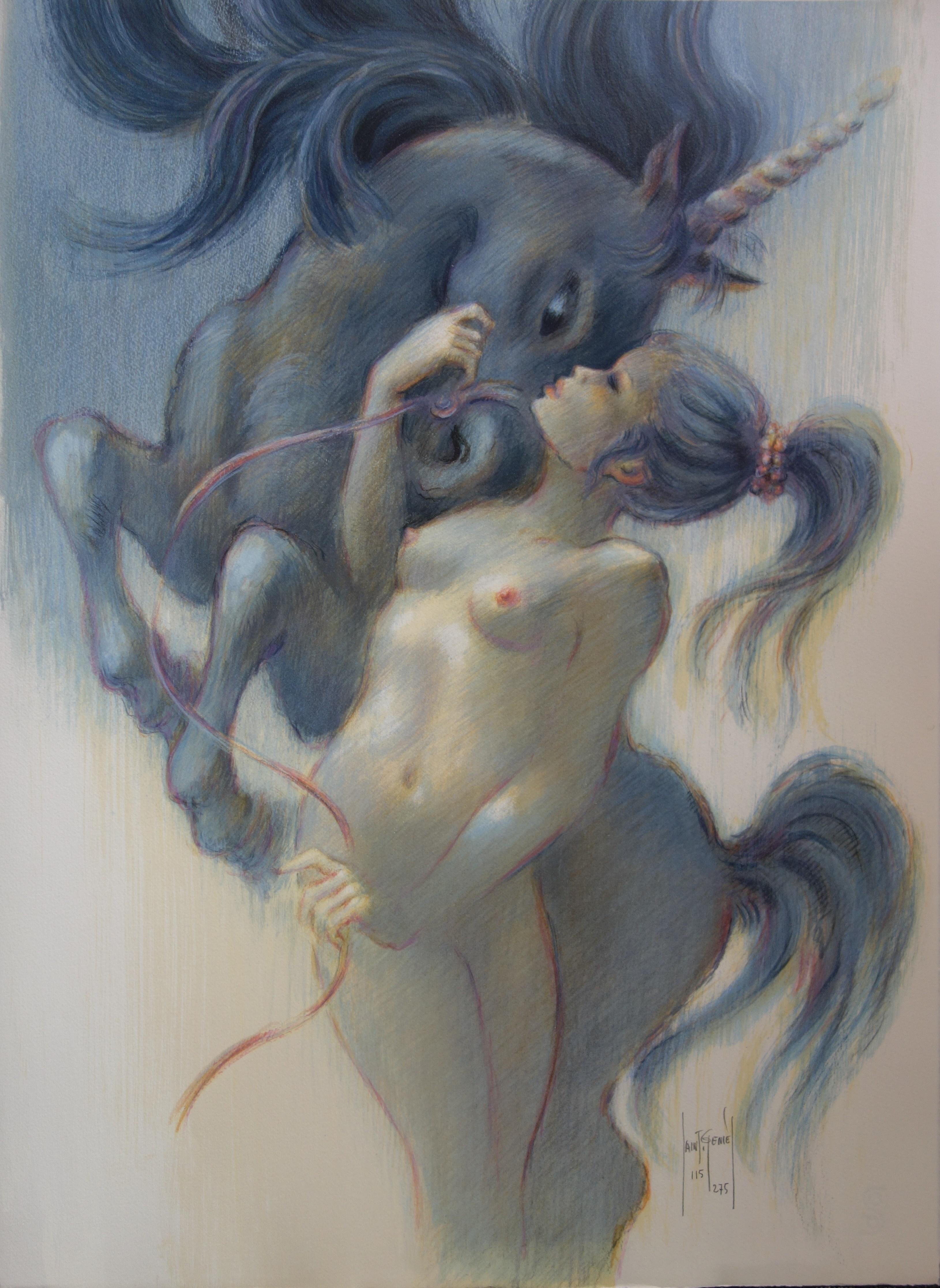 Fantasy : Woman with Unicorn - Original handsigned lithograph